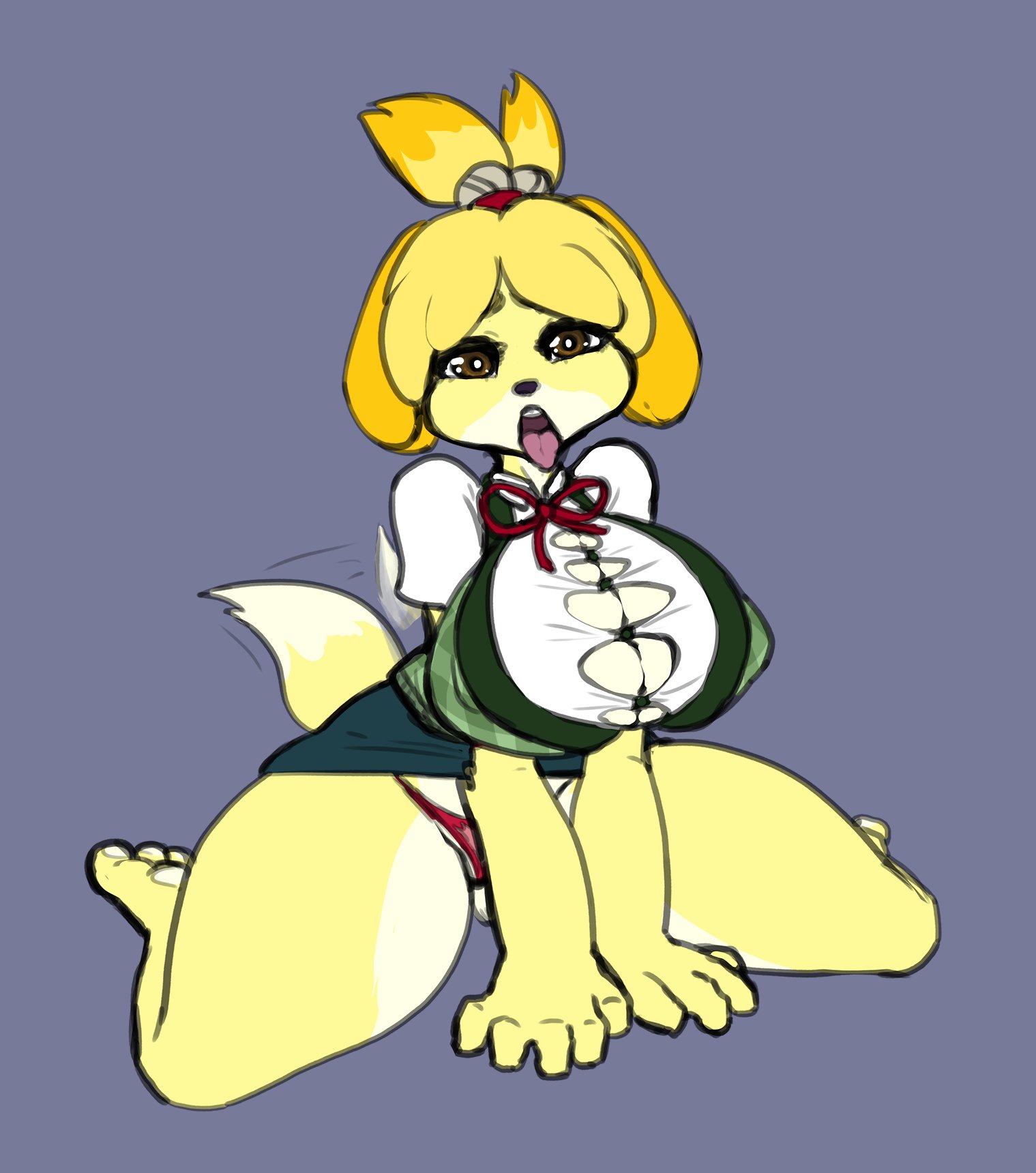 1girls, animal crossing, anthro, anthrofied, bell, big breasts, blonde hair, breasts, brown eyes, bursting breasts, cameltoe, canine, cleavage, clothed, clothing, curvaceous, curvy, curvy female, curvy figure, eyelashes, female, female focus, female only, furry, furry only, hair, horny, huge breasts, in heat, isabelle (animal crossing), kneeling, legs, lingerie, looking at viewer, motion lines, nintendo, open mouth, overflowing breasts, panties, pussy, red panties, ribbon, secretary, shirt, short hair, shortstack, sitting, spread legs, straining buttons, tail, tailwag, thick thighs, thighs, thong, thong panties, tight clothing, tongue, tongue out, video games, voluptuous, xelsword, yellow body, yellow fur, yellow hair