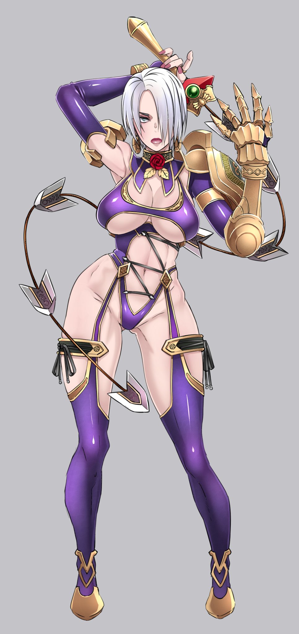 1girls, arm behind head, arm up, armpit, asymmetrical clothes, asymmetrical gloves, big breasts, big hips, bra, breasts, cleavage, female
