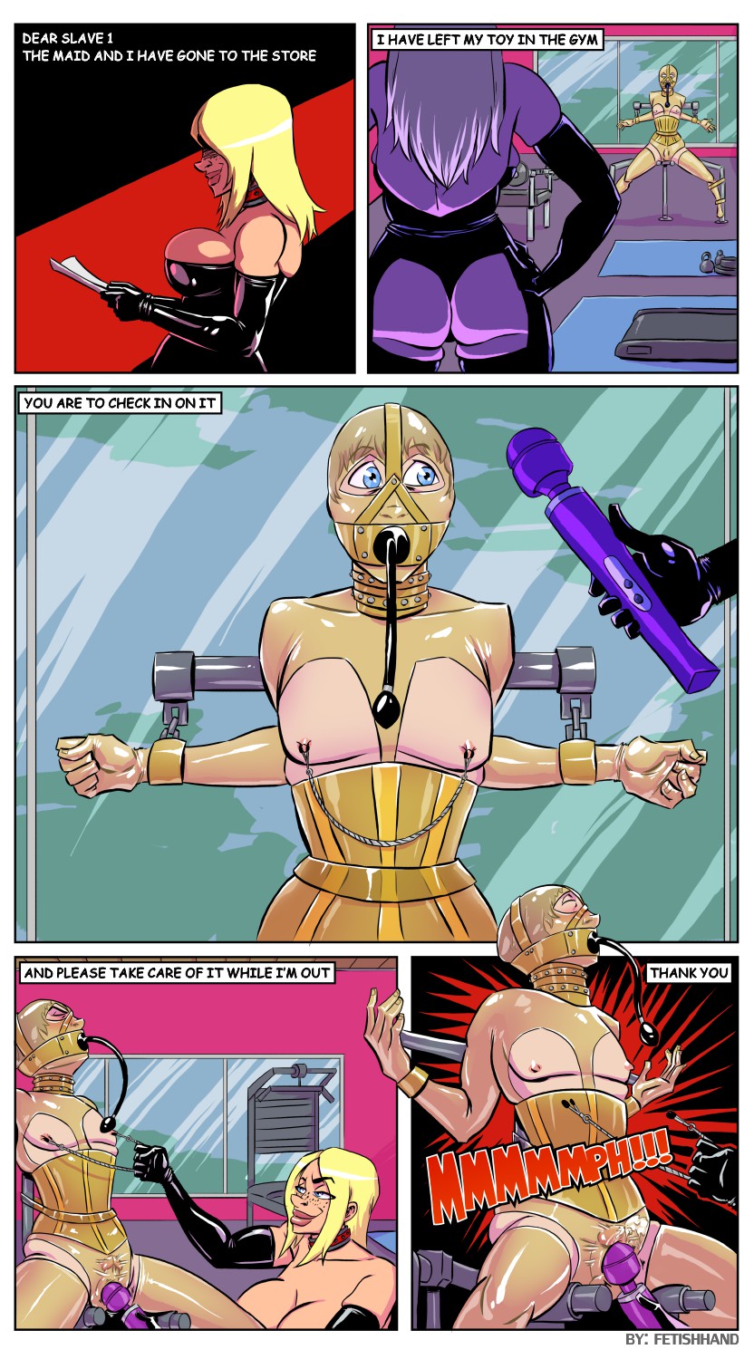 1boy 1boy1girl 1girls back_view blonde_hair bondage bound breasts chained chains chair_bondage collar comic comic_page concerned corset cuffs device_bondage dialogue ejaculation ejaculation_under_clothes elbows_together evil_grin female female_domination femdom fetishhand forced_orgasm front_view grin gym harness_gag imminent_orgasm inflatable_gag inflatable_insertable latex latex_corset latex_dress latex_gloves latex_stockings latex_suit male malesub multiple_views nipple_clamps note opera_gloves posture_collar pump_gag rubber_suit slave spread_legs struggling torture toy vibrator vibrator_on_penis