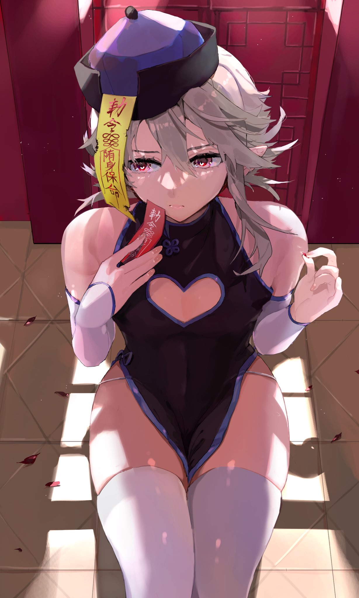 1boy, armwear, asymmetrical hair, china dress, chinese clothes, cleavage cutout, clothing cutout, commentary request, corrin (fire emblem), corrin (fire emblem) (male), crossdressing, detached sleeves, dress, eyelashes, feet out of frame, femboy, fire emblem, fire emblem fates, flat chest, from above, hair between eyes, hands up, hat, highres, holding, jiangshi, ki9, legwear, looking away, male, male focus, nail polish, nintendo, otoko no ko, pointy ears, qing guanmao, red eyes, shadow, sidelocks, silver hair, single sidelock, sitting, skindentation, sleeveless, solo, thighhighs, thighs, w (1999 kyu), white armwear, white legwear