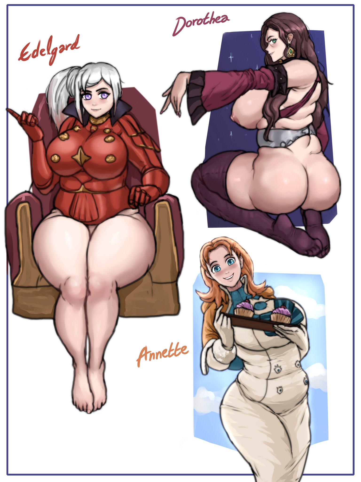 3girls, alternate body type, alternate breast size, annette fantine dominic, ass, barefoot, blue eyes, breasts, brown hair, cupcake, dolecat, dorothea arnault, earrings, edelgard von hresvelg, feet, female, female only, fire emblem, fire emblem: three houses, green eyes, looking back, nintendo, orange hair, ponytail, post-timeskip, purple eyes, sitting, smiling, thick, thick thighs, thighhighs, throne, voluptuous, white hair