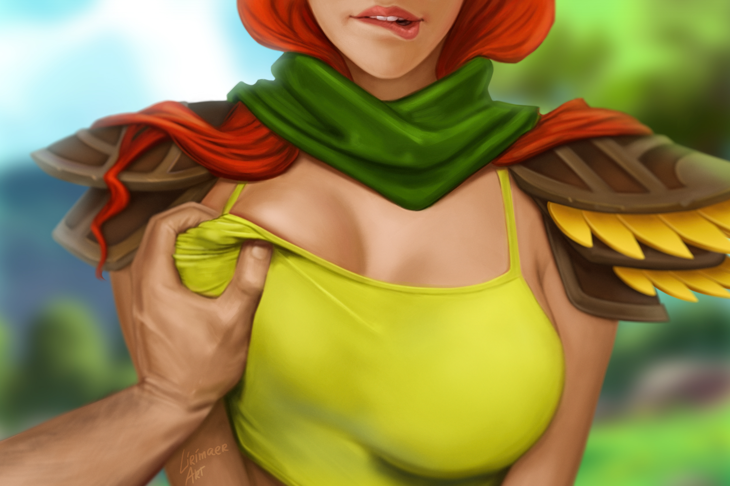 boots, breasts, dota, dota 2, female, groping, hand on breast, happy, lips, lirimaer art, shy, windranger
