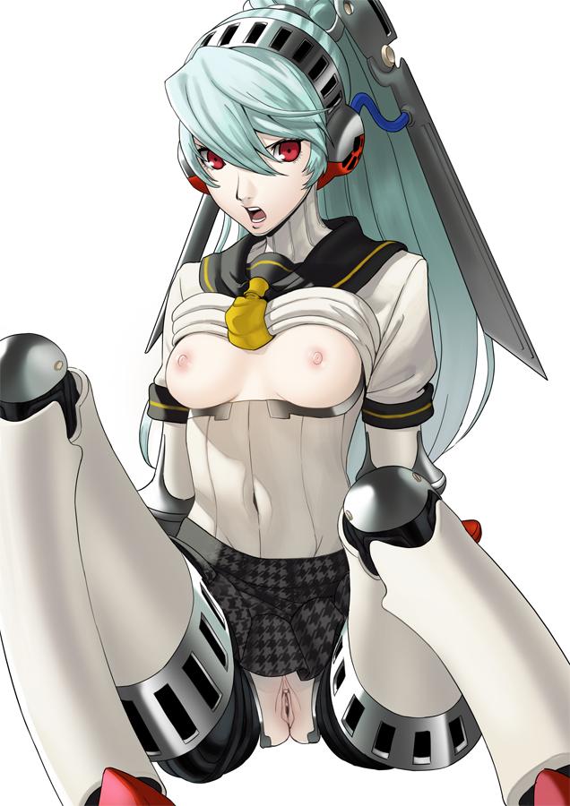 angry blue_hair breasts breasts_out female flashing labrys pale-skinned_female persona persona_4 persona_4_arena pussy red_eyes robot robot_girl rojen thick_thighs topless