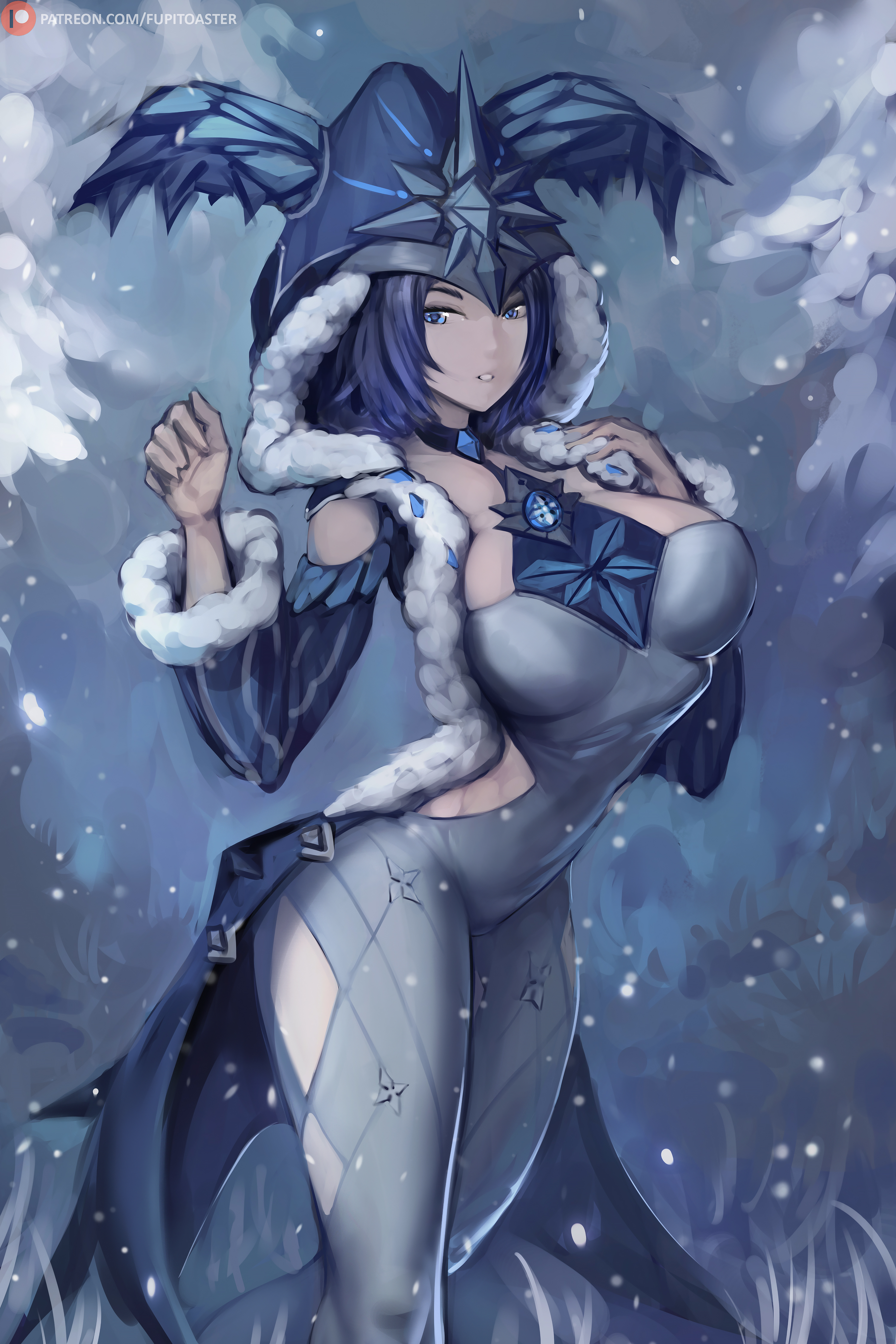 1girls, big breasts, blue eyes, blue hair, breasts, cryo cicin mage (genshin impact), fatui, female, female only, fupitoaster, genshin impact, mage, npc, pinup, short hair