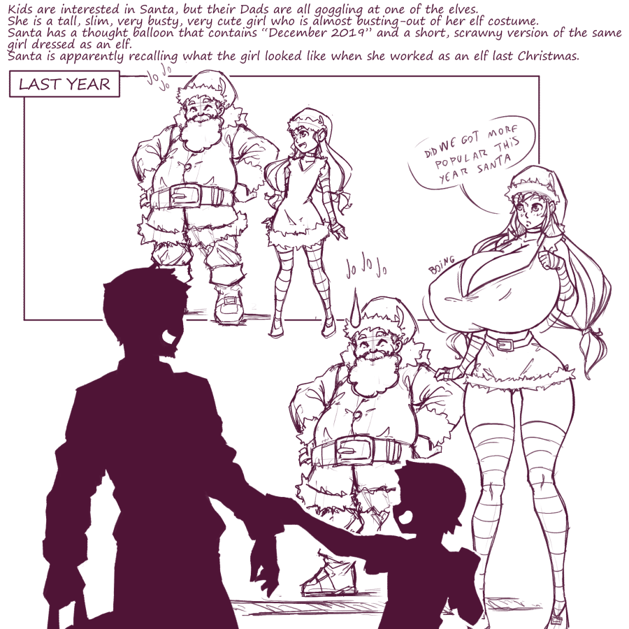 1girls 3boys ass_expansion ass_visible_through_thighs awkward before_and_after big_breasts black_and_white boing breast_expansion breasts breasts_bigger_than_head christmas christmas_outfit cleavage clothes dialogue female giantess growth huge_breasts laugh long_hair male monochrome n647 nipple_bulge nipples_visible_through_clothing santa_claus santa_costume santa_hat size_difference sketch taller_girl text thin_waist voluptuous wide_hips