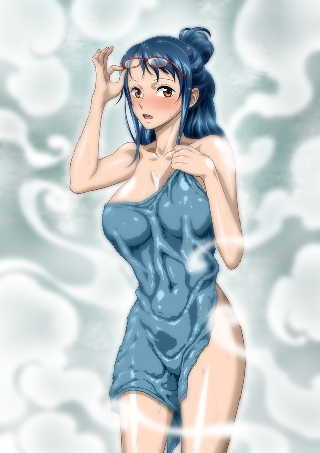 1girls, ass, blue hair, breasts, female, female only, glasses, hair, hazel eyes, long hair, naked, nel-zel formula, nude, one piece, red glasses, shounen jump, tagme, tashigi