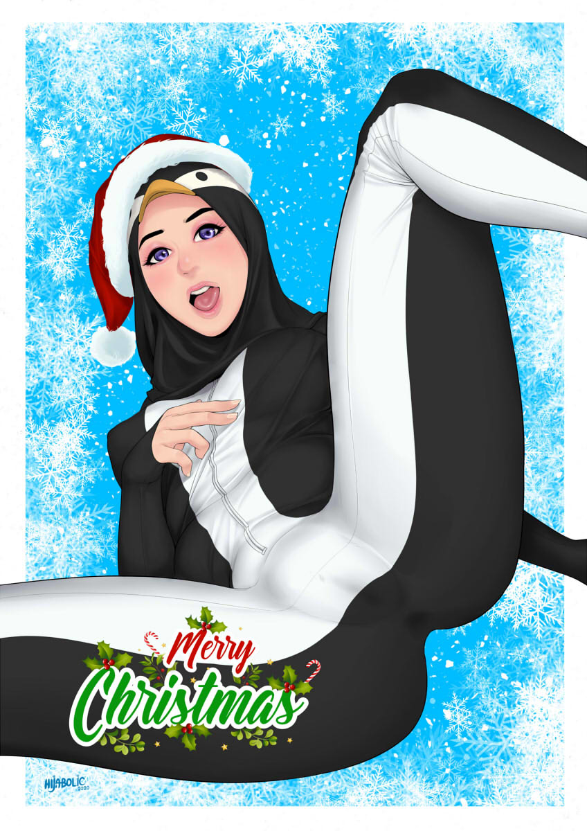 blush blush christmas christmas_hat color hijab hijabolic penguin presenting presenting_pussy presenting_vagina skin_tight solo solo_female text