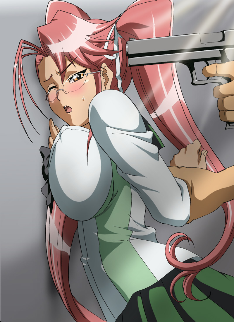 1boy 1girls breast_press breasts busty erect_nipples gun gun_to_head gunpoint highschool_of_the_dead imminent_rape large_breasts pointing_gun pokies rape restrained retrish saya_takagi school_uniform schoolgirl you_gonna_get_raped