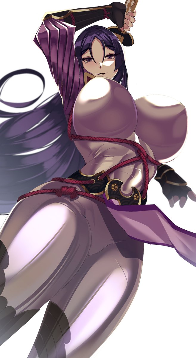 1girls big_breasts bottomwear breasts clothing fate_(series) female female_only hair holding_weapon huge_breasts katana long_hair mature mature_female mature_woman milf minamoto_no_raikou_(fate/grand_order) purple_eyes purple_hair solo solo_female thick_thighs thighs topwear volyz weapon