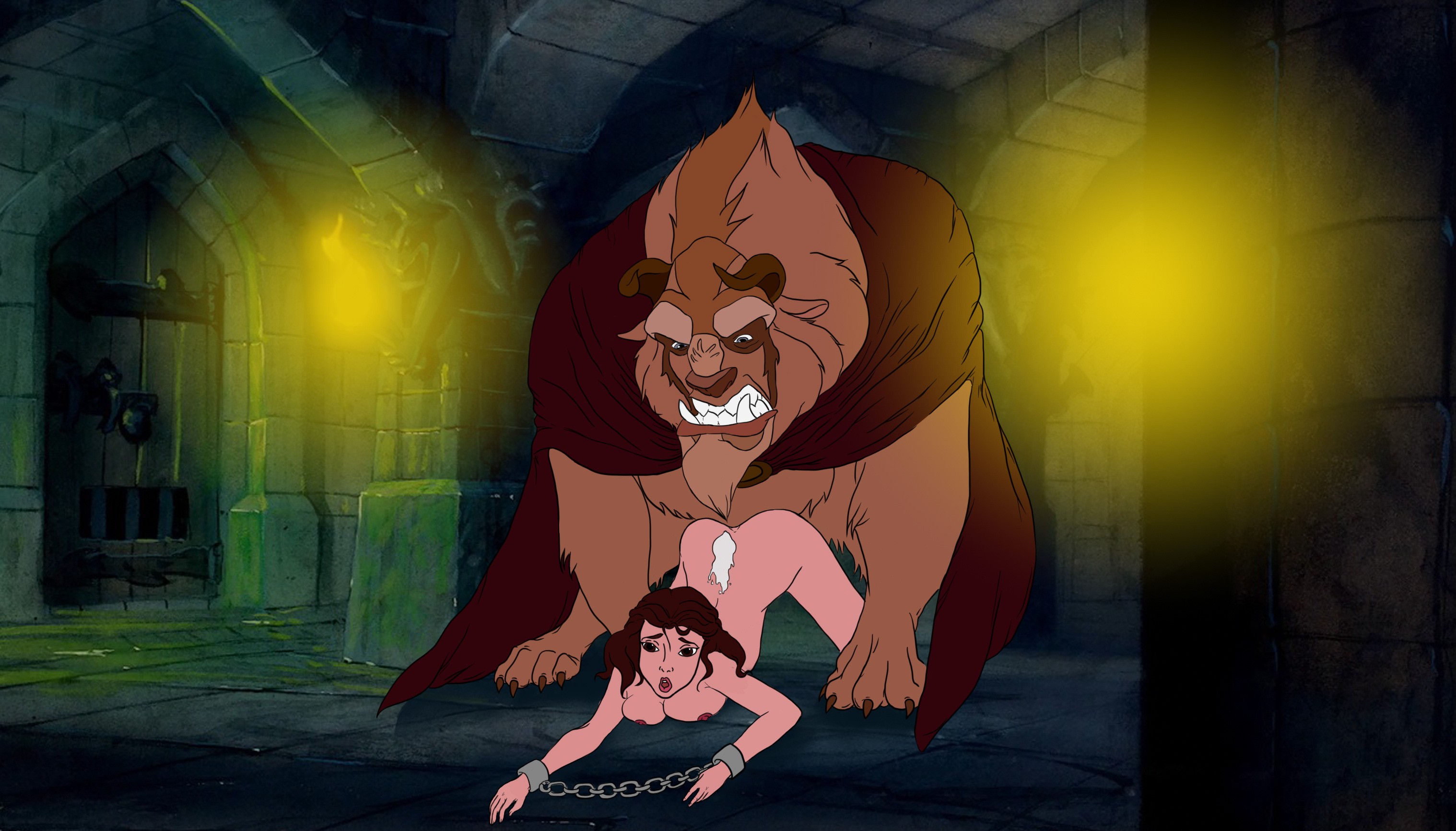 1boy, 1girls, arms tied, beast (disney), beauty and the beast (1991 film), beauty and the bestiality, belle (beauty and the beast), bestiality, bondage, chained, cum, disney, disney princess, doggy style, erected nipples, female, forced, from behind, hand cuffs, huge cock, male, monster, nipples, nude, penis, prison cell, rape, ru-chan, top-down bottom-up