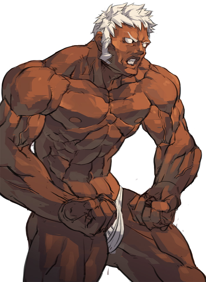 1boy capcom dark_skin human human_only male male_only muscular muscular_male simple_background solo_male street_fighter tagme thong urien white_background white_hair