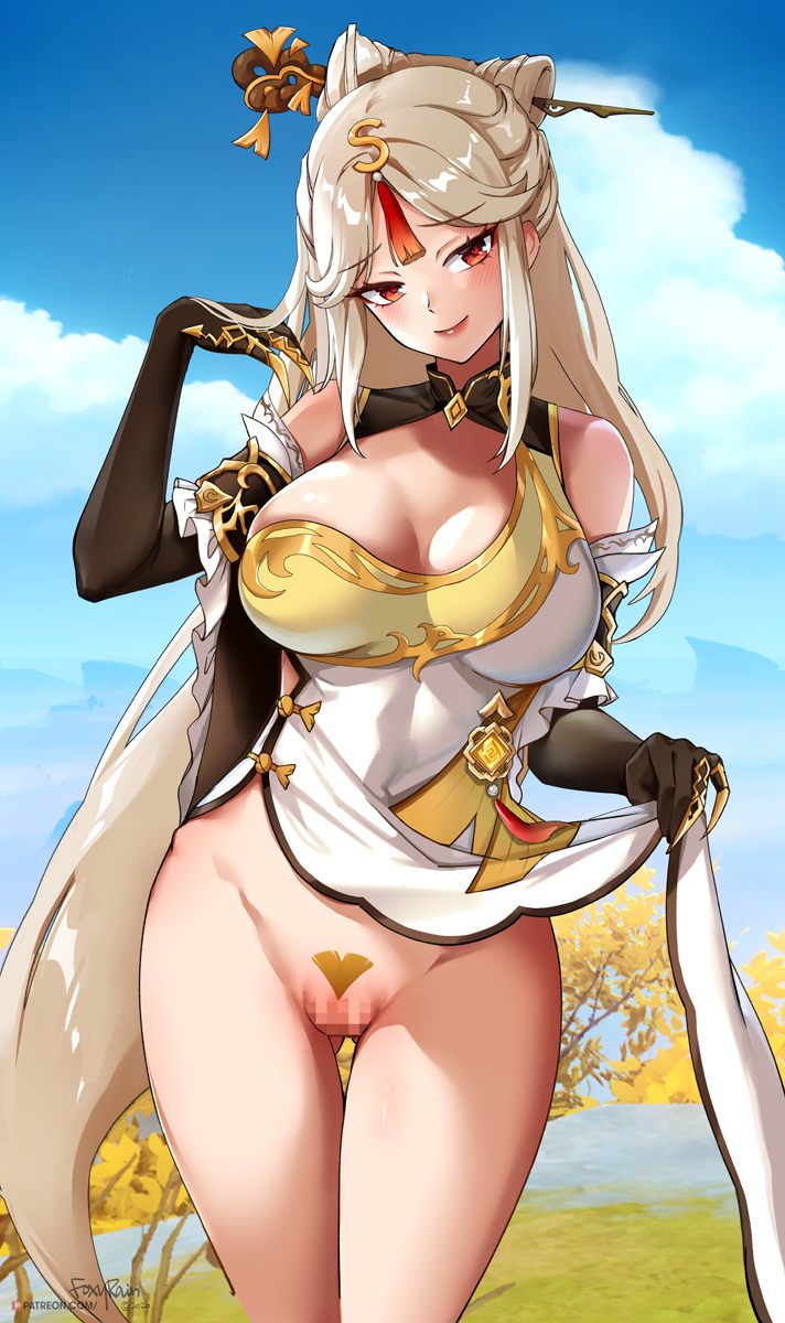 >:) anime_style artist_name ass_visible_through_thighs bangs bare_shoulders black_gloves blonde_pubic_hair blush breasts censored china_dress chinese_clothes claw_ring closed_mouth cloud cloudy_sky covered_navel cowboy_shot day dress dress_lift elbow_gloves female foxy_rain_(foxyreine) foxyrain_(foxyreine) foxyreine fur_collar genshin_impact gloves hair_ornament hair_stick head_tilt highres large_breasts lifted_by_self mosaic_censoring ningguang_(genshin_impact) no_panties outdoors parted_bangs pelvic_curtain pubic_tattoo red_eyes red_lips signature silver_hair sky sleeveless sleeveless_dress smile smug solo tassel tattoo thigh_gap thighs v-shaped_eyebrows white_dress