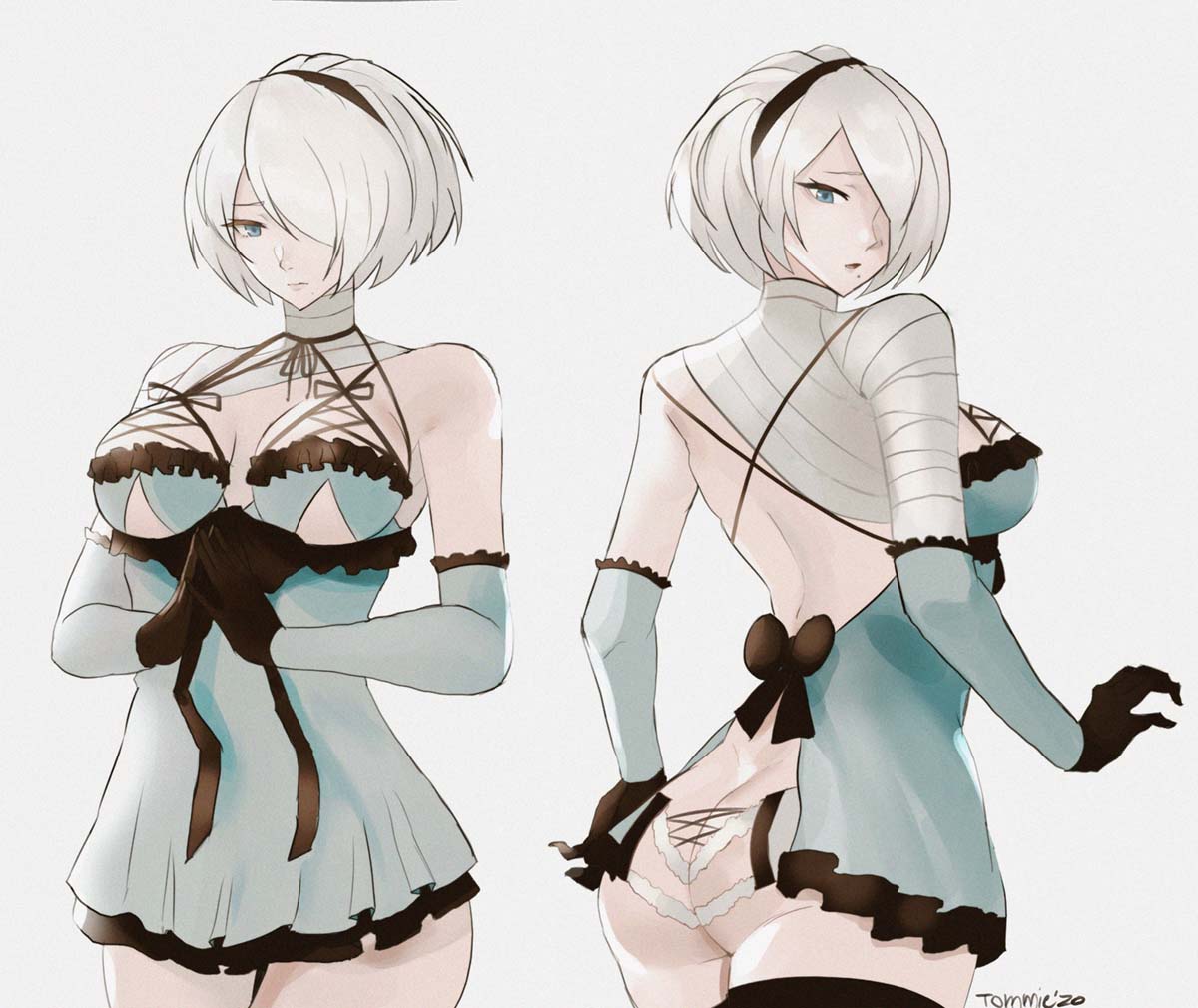 1girls ass cosplay female female_only hair_over_one_eye kaine_(nier)_(cosplay) large_ass looking_back mole mole_under_mouth nier:_automata nier_(series) nier_replicant panties short_hair solo square_enix the_kingduke thighhighs tommietomm white_hair wide_hips yorha_2b