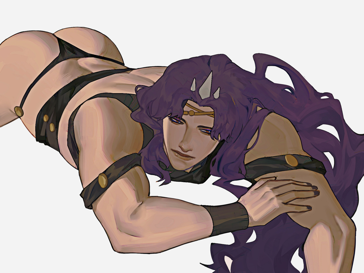 1boy, ass, battle tendency, bubble ass, bubble butt, curly hair, jojo's bizarre adventure, kars, laying on stomach, lkikai, long hair, male, male only, muscular, muscular male, partially clothed, purple hair, skimpy, solo male, thick ass, thong, toned, toned male