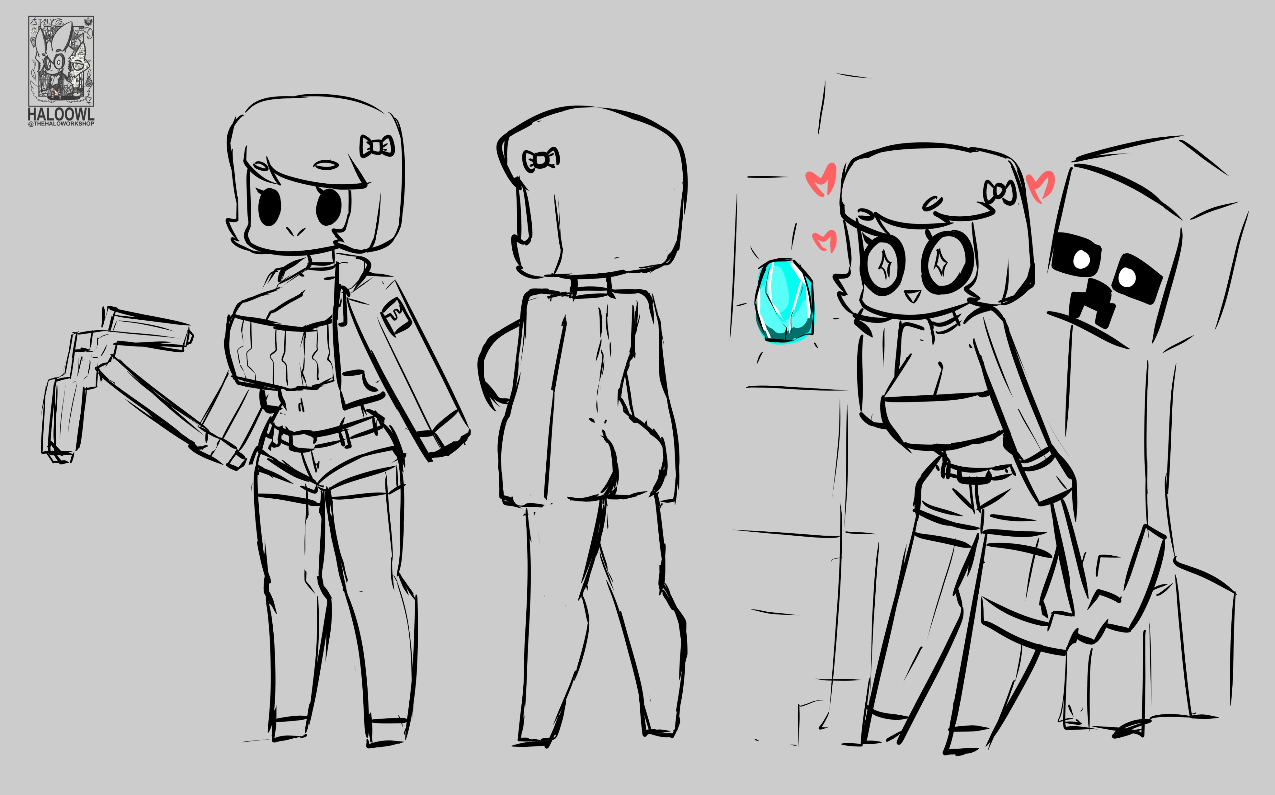 1girls, ass, ass crack, back boob, breasts, butt crack, clothed, clothed breasts, clothes, clothing, creeper, female, female focus, haloowl, minecraft, nude, oc, original character, standing