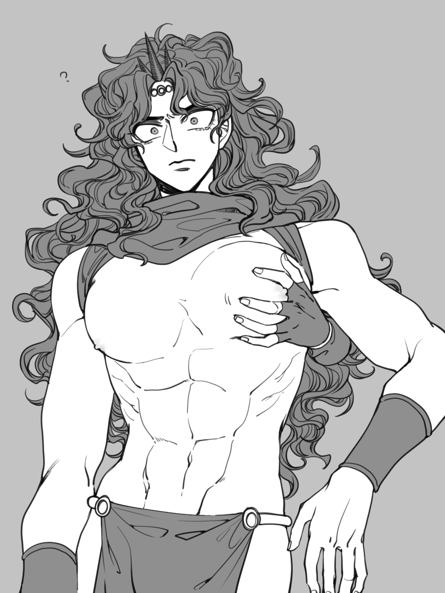 1boy, abs, battle tendency, big pecs, breast grab, breasts, curly hair, grabbing from behind, horns, jojo's bizarre adventure, joseph joestar, kars, loincloth, long hair, male, male only, male with breasts, moobs, muscular, muscular male, partially clothed, pecs, solo male, surprised, toned, toned male