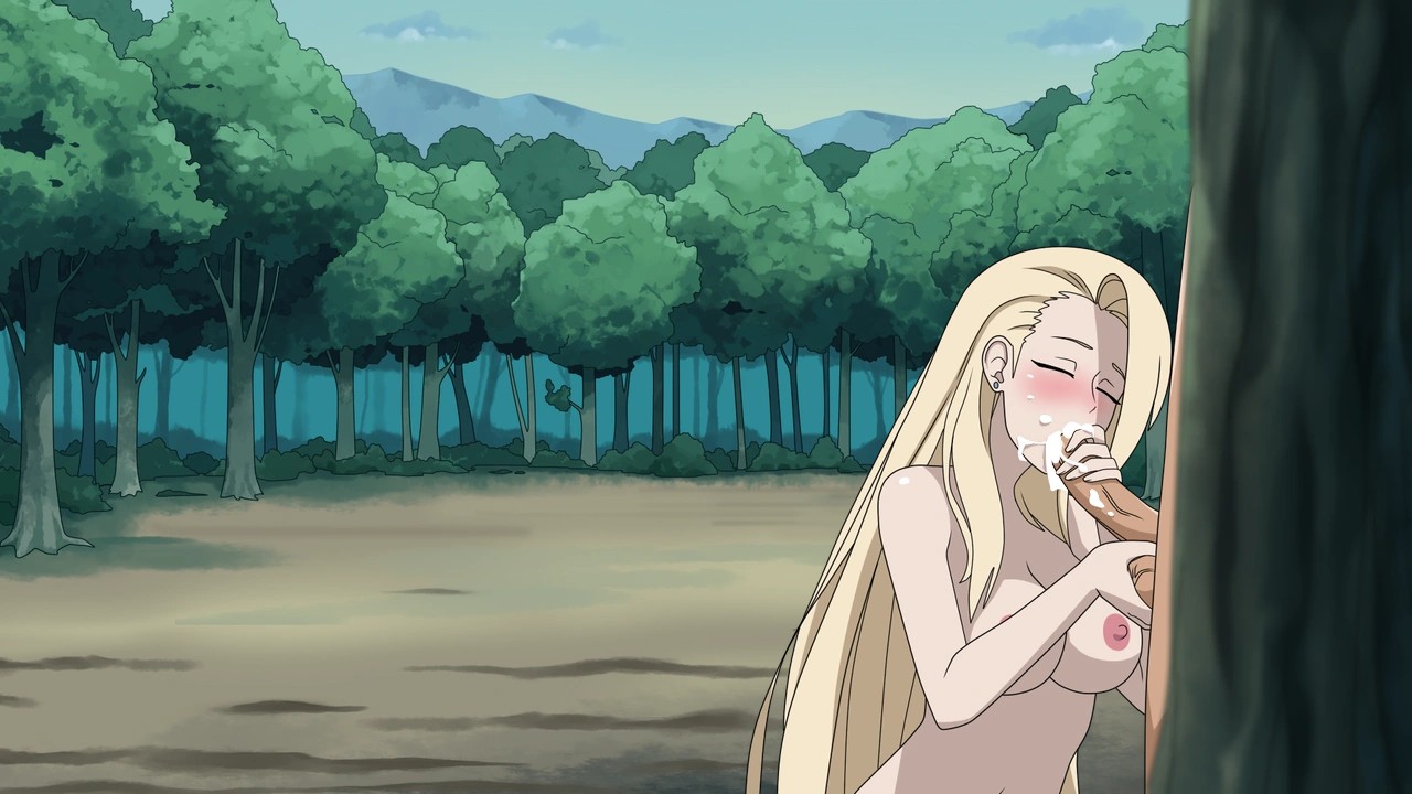 1boy, 1girls, balls, balls grab, big breasts, blonde hair, blowjob, blush, bow, breasts, cleavage, closed eyes, cum, cum in mouth, dinaki, erection, faceless male, fellatio, female, ino yamanaka, long hair, male, naked, naruto, naruto (series), naruto shippuden, naruto: the last, nature, nude, oral, outdoors, penis, standing, testicles, tree, veins, veiny balls, veiny penis, veiny testicles, very long hair