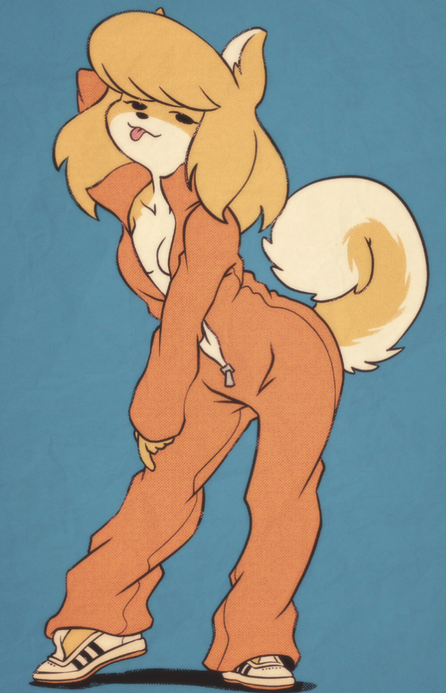 animal_ears boobs_hidden butterscotch_(peargor) ear f0xnr0ll furry jumpsuit leaning leaning_back peargor shiba_inu shoes tail tease