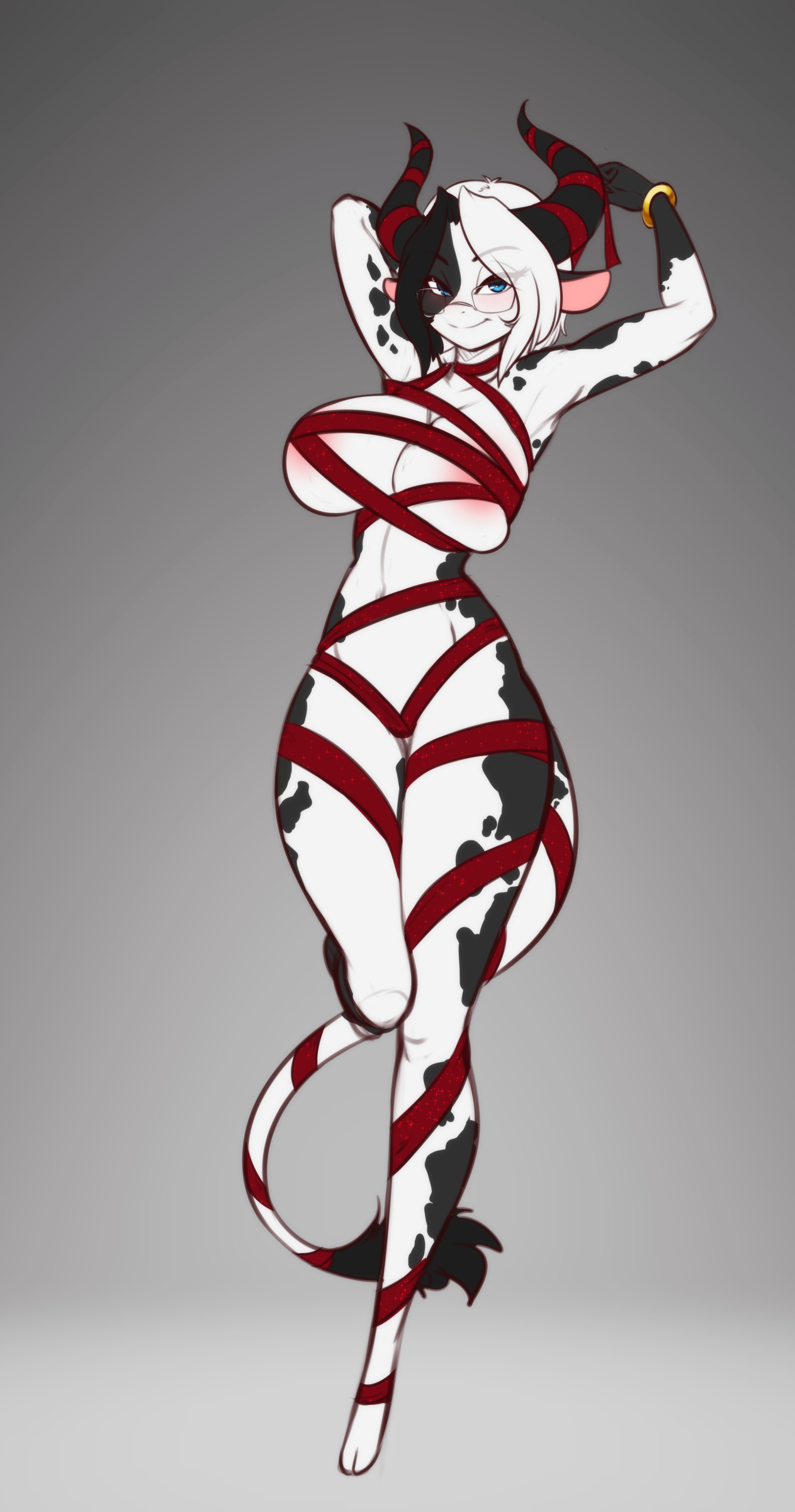 1girls, alejandra coldthorn, anthro, areola slip, black hair, bovine, bracelet, cow ears, cow horns, cow print, female, female only, furry, glasses, highres, las lindas, looking at viewer, mammal, medium hair, nude, nude female, scorpdk, simple background, smiling, solo, solo female, tail, tail tuft, thigh gap, two-tone hair, white body, white hair