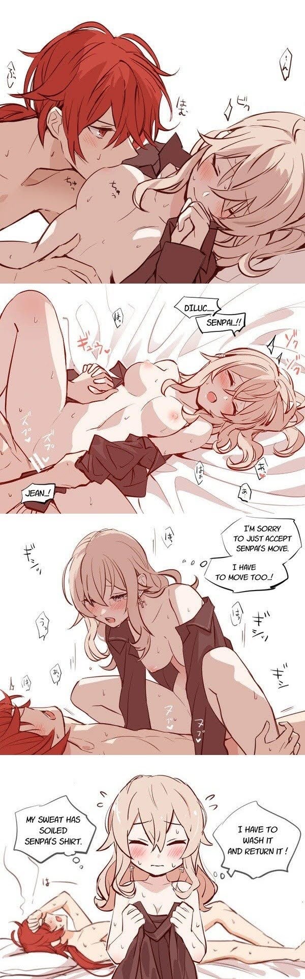 1boy, 1girls, after sex, bed sheet, blonde hair, breast sucking, breasts, brown shirt, comic, cowgirl position, diluc (genshin impact), earrings, english text, female, genshin impact, hand holding, jean gunnhildr, male, medium breasts, missionary position, red eyes, red hair, rome romedo, speech bubble, sweat, unbuttoned shirt, wholesome, yellow eyes