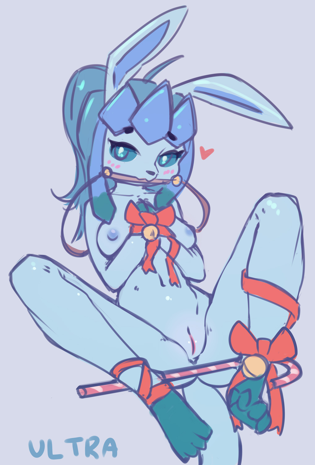 anthro blue_background blue_body blue_hair blush bondage bound candy candy_cane dessert eeveelution female food gag gagged genitals glaceon glacy_(waffl3sk4t) hair heart hi_res looking_at_viewer navel nintendo pokémon_(species) pokemon pokemon_(species) pussy simple_background solo spread_legs spreading ultrabondagefairy video_games wrists_tied