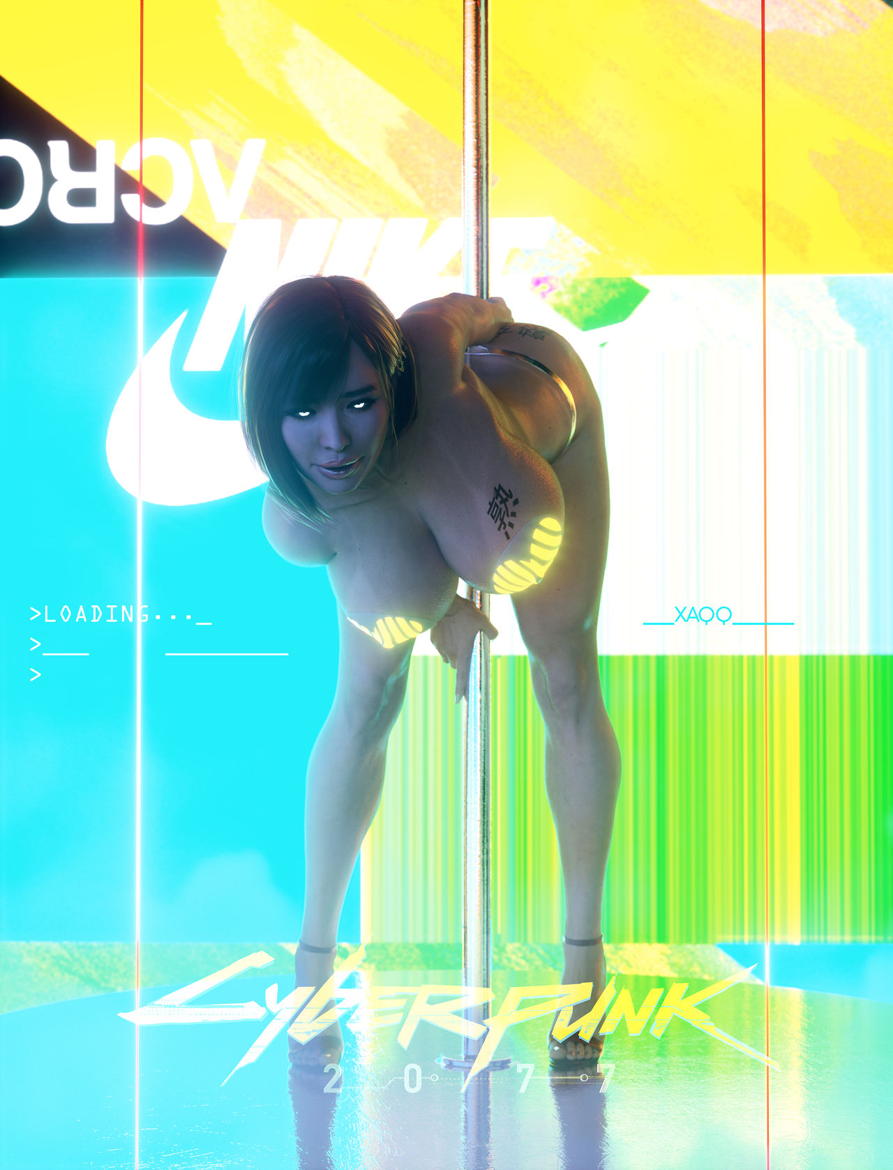 1girls, 3d, artist name, asian, asian female, ass, bent forward, big breasts, bikini tan, black sclera, bob cut, breast tattoo, breasts, cd projekt red, convenient censoring, cybernetics, cyberpunk, cyberpunk (series), cyberpunk 2077, dancer, dark hair, female, female only, fit, fit female, front view, full body, glowing eyes, hanging breasts, heart nipples, heart pasties, heels, highres, human, japanese text, large breasts, legs, lip gloss, lips, long legs, looking at viewer, medium hair, nipple pasties, nipples, original character, pasties, perky breasts, pole, solo, source request, stripper, stripper pole, tanline, tanlines, tattoo, thick lips, topless, white eyes, xaqq, year request
