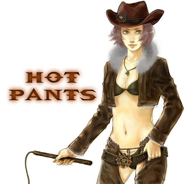 belt bikini bikini_bottom bikini_top brown_eyes brown_hair cow_girl cowboy_hat cowboy_pants hot_pants_(jjba) jacket jojo's_bizarre_adventure necklace orange_nails short_hair steel_ball_run text whip white_background