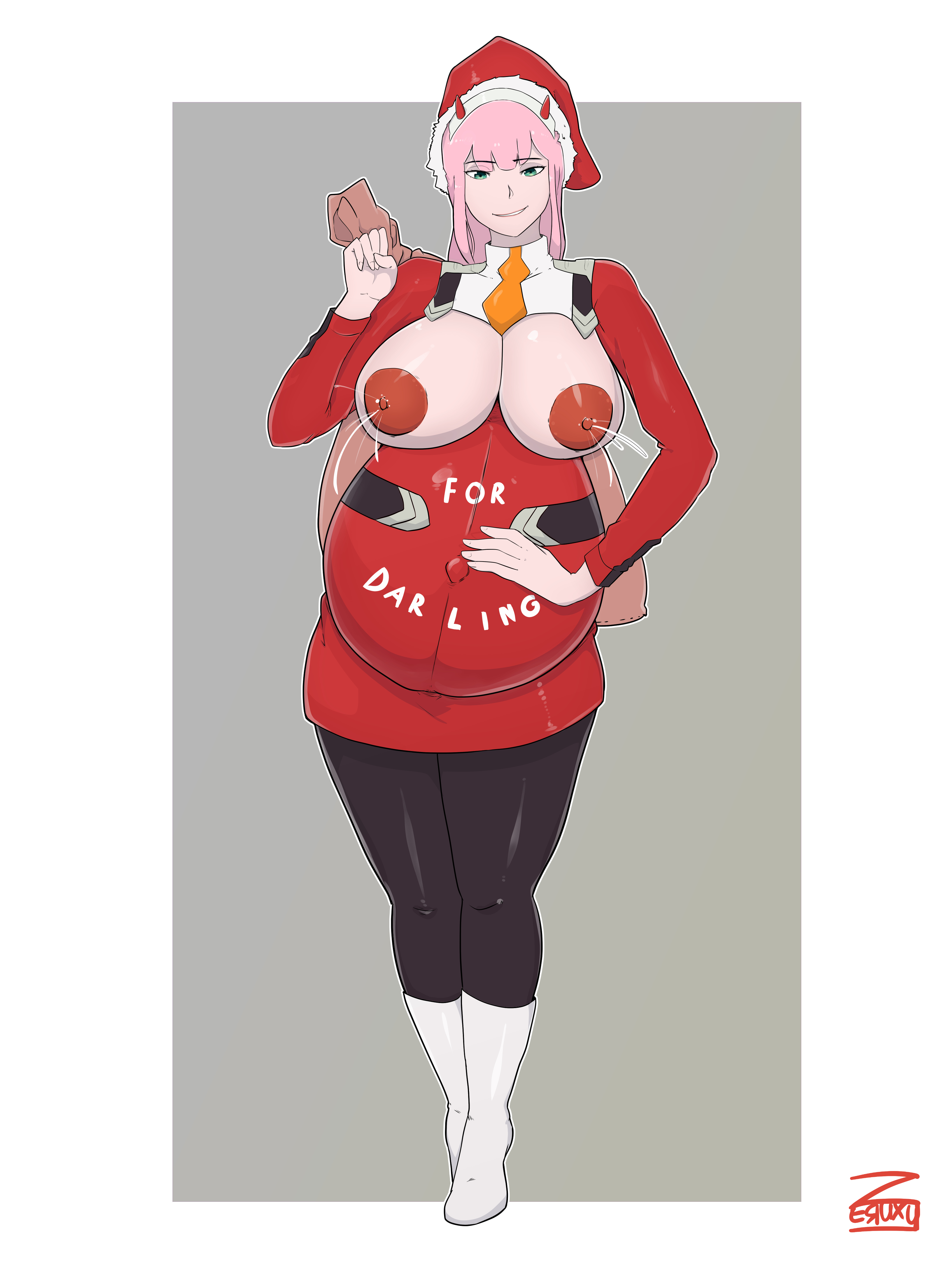 1girls, belly, big belly, big breasts, boots, breasts, christmas, clothing, commission, darling in the franxx, exposed breasts, female, female only, green eyes, hair ornament, horns, lactation, long hair, milf, nipples, pink hair, pregnant, santa hat, simple background, smile, smirk, solo, tagme, zero two (darling in the franxx), zeruxu