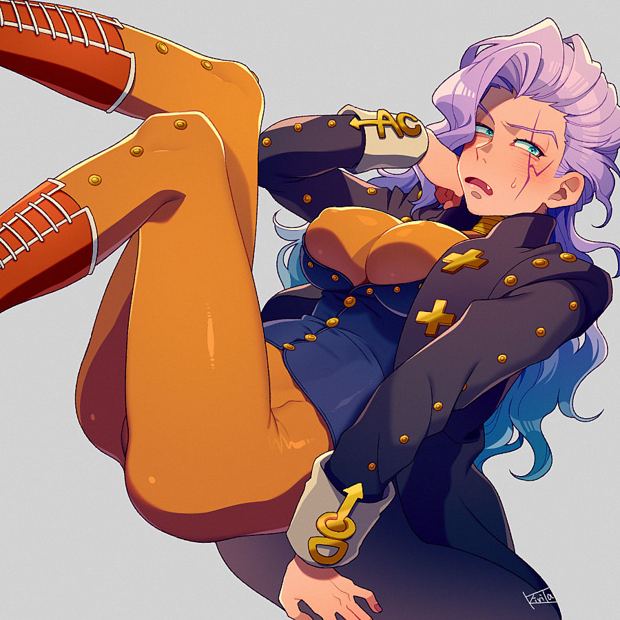 big_breasts blush bodysuit booty_shorts diamond_is_unbreakable face_paint green_eyes grey_background jacket jojo's_bizarre_adventure kirila long_hair neck_rings oerba_yun_fang otoishi_akira purple_hair rule_63 sitting sweat vest