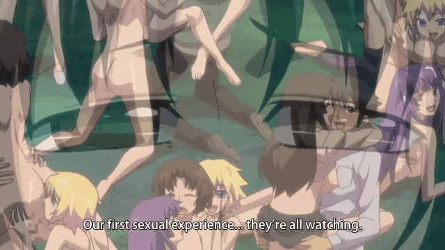 arms_around_neck big_breasts brown_hair clothed_sex clothes eyes kafun_shoujo_chuuihou! leg_lock long_hair medium_breasts multiple_boys multiple_girls on_knees one_eye_closed purple_hair rimjob screencap stand_and_carry_position standing_sex the_pollinic_girls_attack! yellow_hair