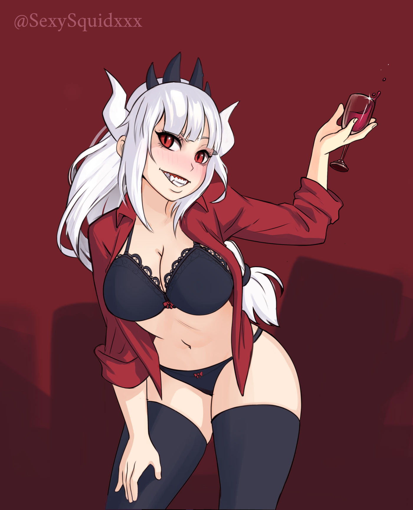 1girls, 2020, alcohol, bangs, bent over, beverage, big breasts, black bra, black legwear, black lingerie, black panties, black stockings, black thighhighs, blush, bra, breasts, cleavage, curvaceous, curvy, demon, demon girl, female, female focus, female only, hair ornament, helltaker, hips, horn, horns, large breasts, legwear, lingerie, long hair, lucifer (helltaker), navel, panties, red background, red eyes, red shirt, sexysquidxxx, sharp teeth, smile, stockings, teeth, thighhighs, thighs, voluptuous, white hair, wide hips, wine, wine glass