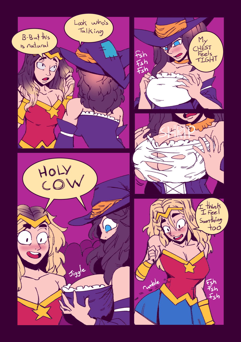 2girls, ass, ass expansion, bimbo, bimbofication, bimbophi, breast expansion, breast growth, breast growth (enlargement), breasts, cleavage, comic, cosplay, female, female only, halloween, halloween costume, original, original character, wonder woman (cosplay)