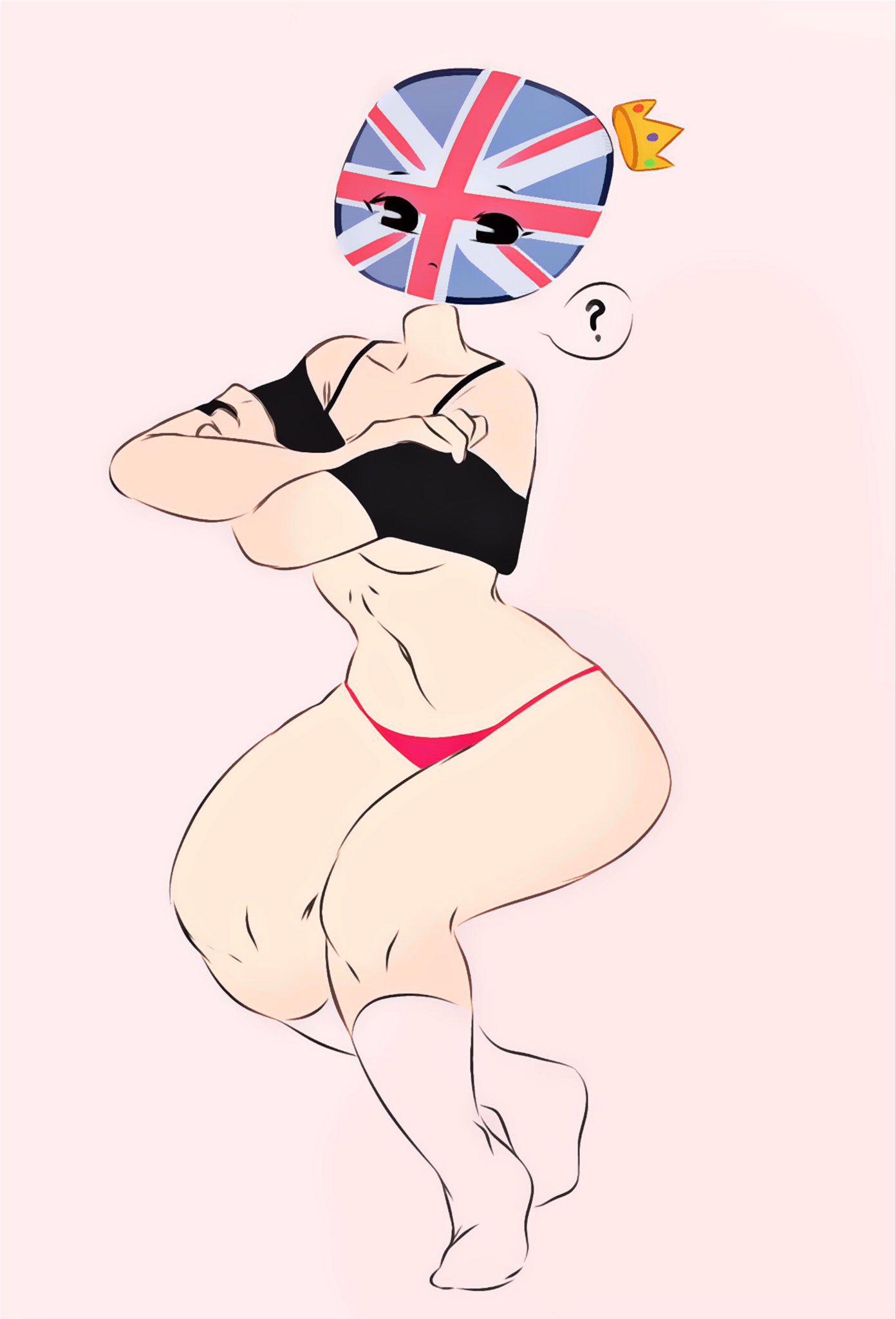 confused, countryhumans, countryhumans girl, crossed arms, crown, female, flawsy, red underwear, rule 63, socks, union jack, united kingdom, united kingdom (countryhumans)