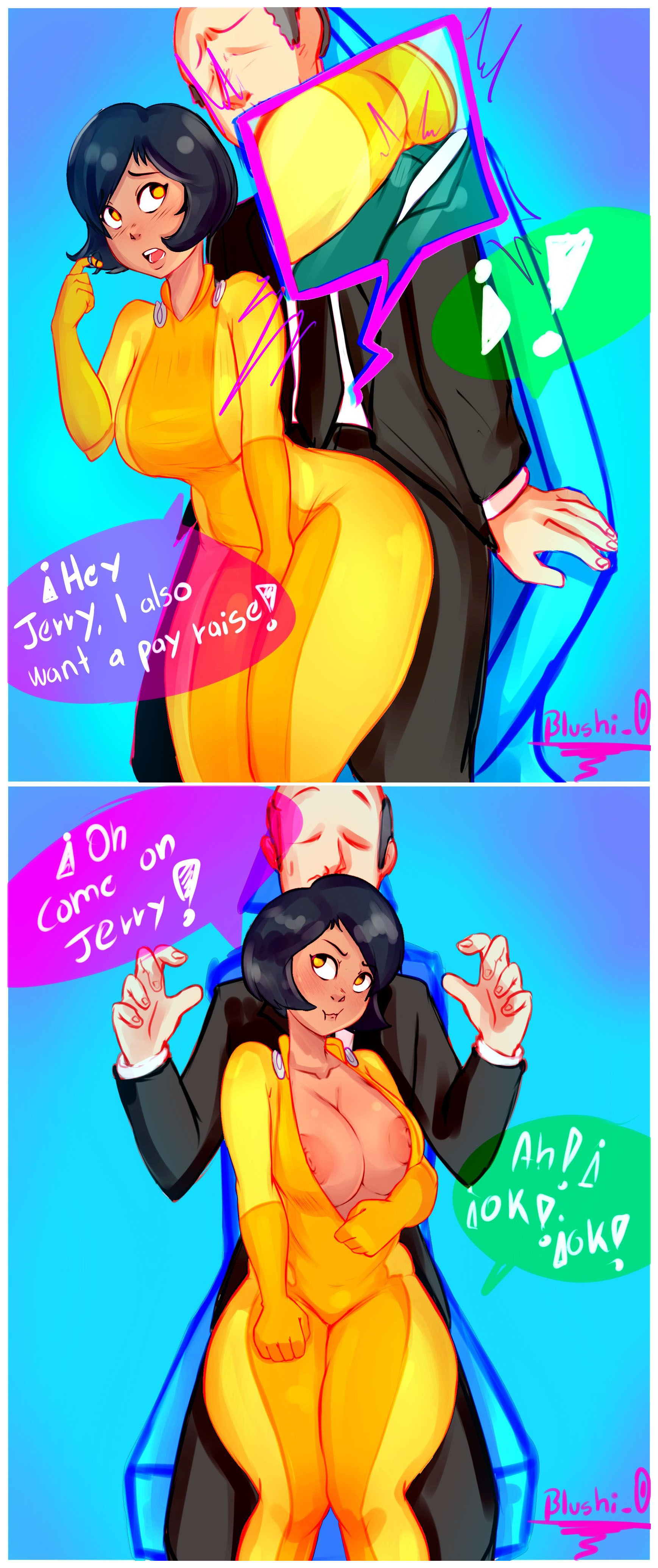 adorable, areolae, ass, big ass, big breasts, big butt, black hair, blush, blushi 0, blushing, bodysuit, breasts, brown eyes, bubble ass, bubble butt, busty, comic, dark skin, dark-skinned female, female, female focus, gilf, hourglass figure, ialex (totally spies), jerry lewis (totally spies), large breasts, light skin, light-skinned female, male, navel, nipples, nude, nude female, nudity, penis, pout, rubbing, rubbing penis, short black hair, short hair, skin tight, speech bubble, tagme, text, totally spies, undressing, wide hips, yellow clothing