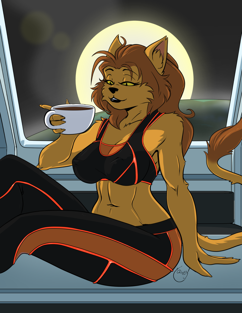 2020 abs after_workout alien anthro artist_name big_breasts brown_hair brunette caitian_(species) cat_ears cleavage coffee coffee_mug female furry humanoid inner_ear_fluff midriff navel orange_fur resting shiboline_m'ress solo space spacecraft sports_bra sportswear star_trek star_trek_the_animated_series tail window yawg yellow_sclera