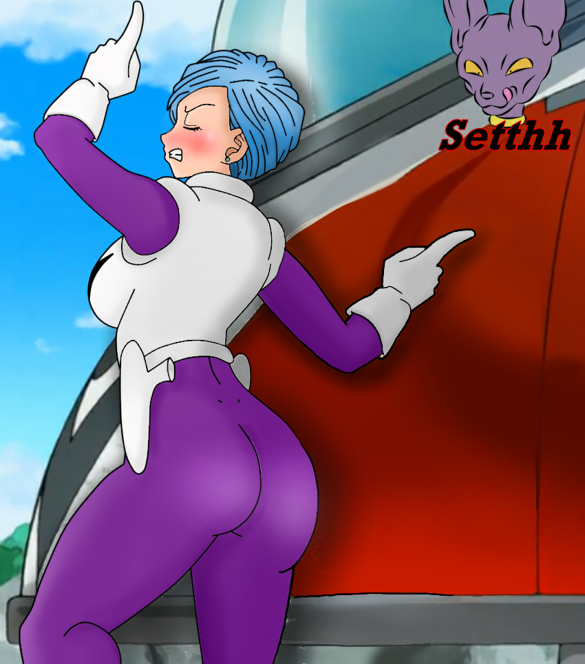 beerus big_ass big_breasts blue_eyes blue_hair bulma_briefs dragon_ball dragon_ball_super female galactic_patrol_uniform jaco_the_galactic_patrolman licking_lips mansion raygun setthh98