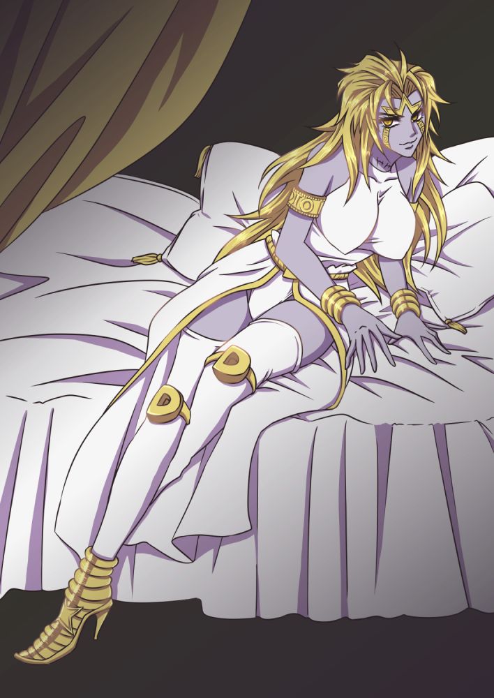 1girls big_breasts blonde_hair blue_skin breasts dio_brando eyes_of_heaven female female_dio gold_jewelry heaven_ascension_dio humanoid jojo's_bizarre_adventure large_breasts long_hair looking_at_viewer on_bed purple_skin rule_63 sitting solo stitches tall_female thighhighs vampire villainess white_bodysuit yellow_eyes