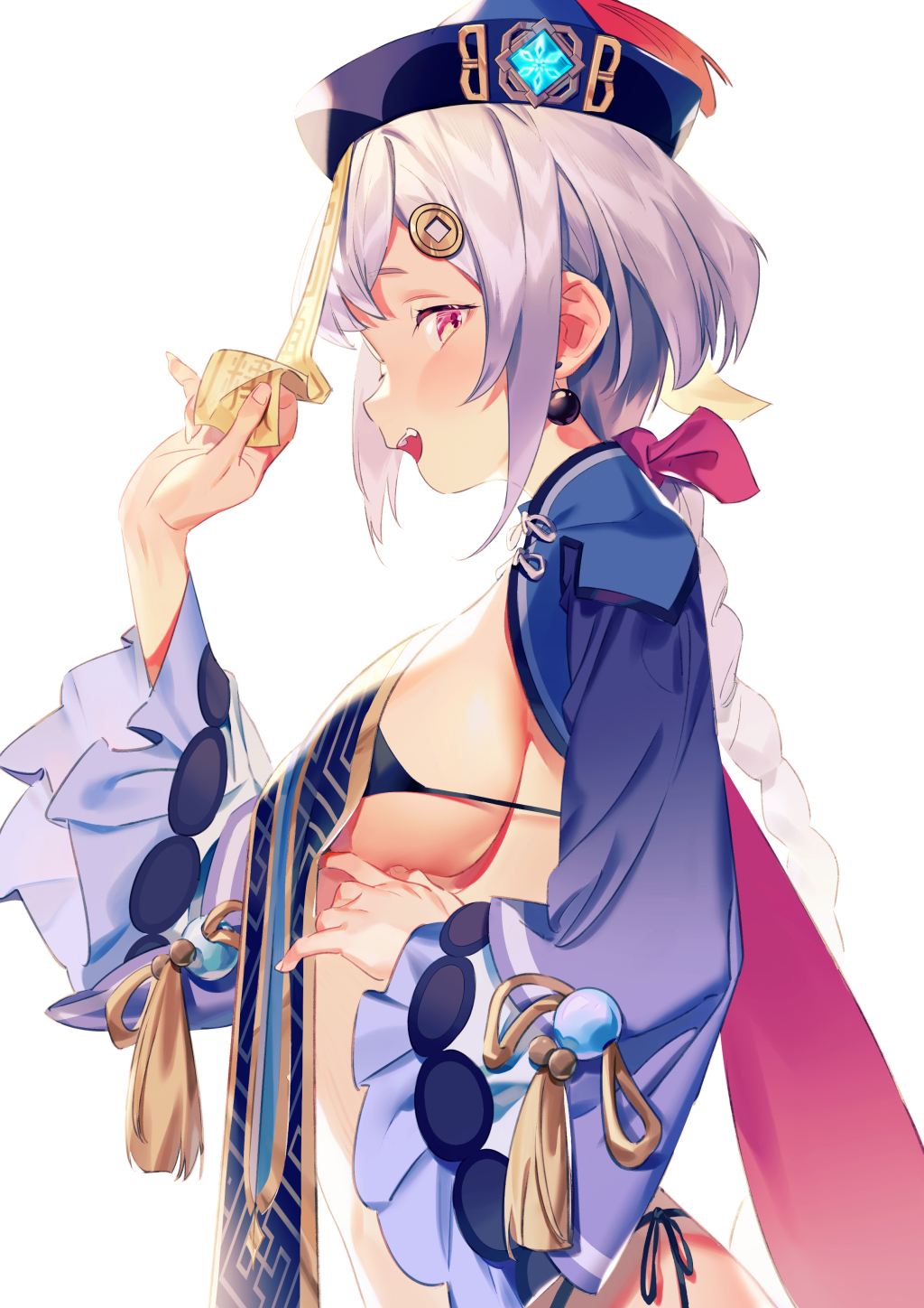 aged up, alternate breast size, bikini, black bikini, bow, braid, braided ponytail, breasts, dubian xiang, earrings, female, from side, genshin impact, hair ornament, hat, highres, jewelry, jiangshi, large breasts, long sleeves, oerba yun fang, older, open clothes, open mouth, purple hair, qiqi (genshin impact), side-tie bikini, sideboob, simple background, smile, solo, string bikini, swimsuit, underboob, white background, wide sleeves