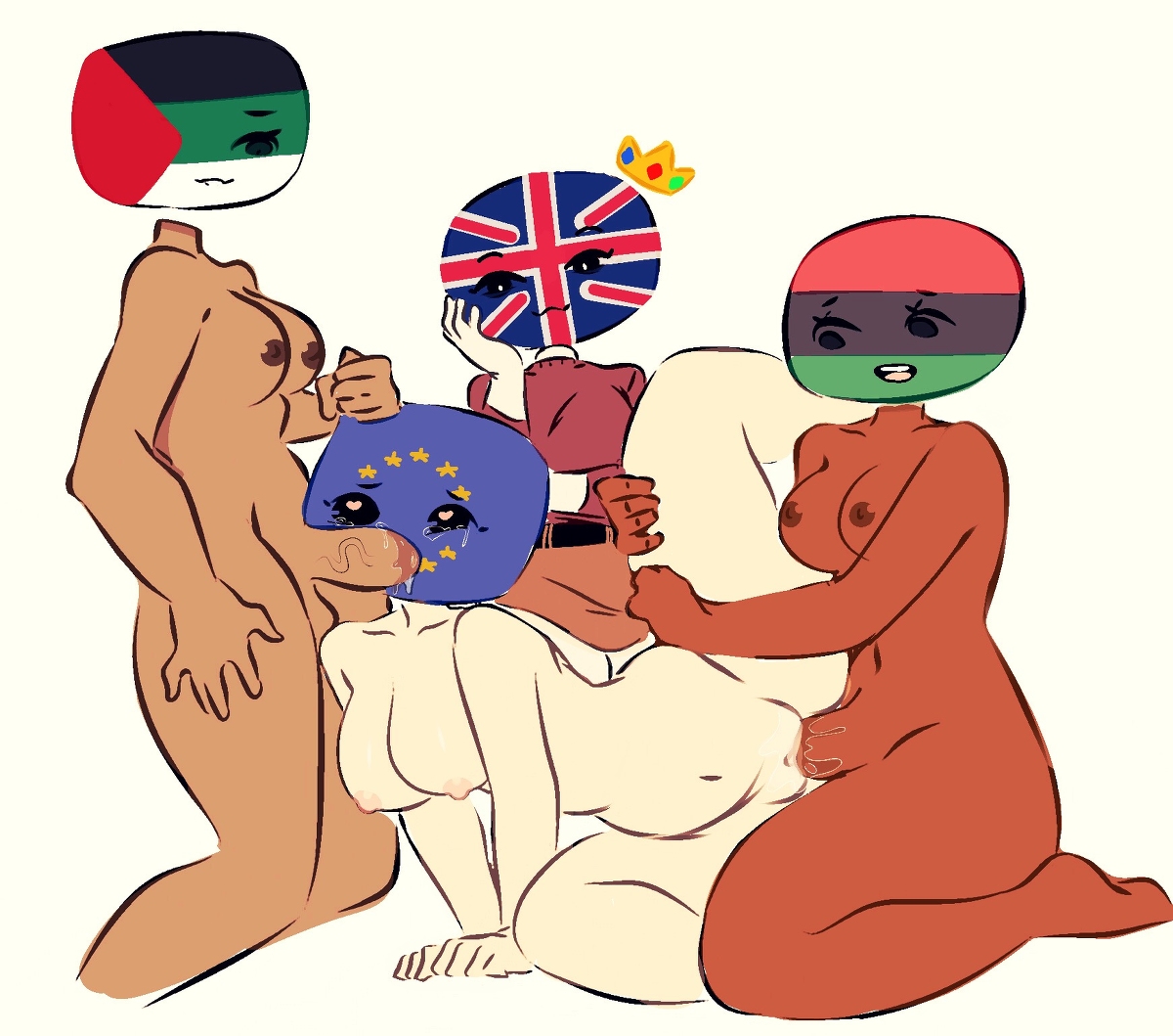 2futas, 2girls, areolae, balls, breasts, countryhumans, countryhumans girl, dark skin, dark-skinned futa, european union (countryhumans), fellatio, female, flag, flawsy, futa on female, futadom, futanari, heart-shaped pupils, humanoid, humanoid penis, intersex, light skin, light-skinned female, oral, pale skin, pan-afro (countryhumans), pan-arab (countryhumans), penis, pussy, rule 63, sex, union jack, united kingdom (countryhumans), vaginal penetration, watching