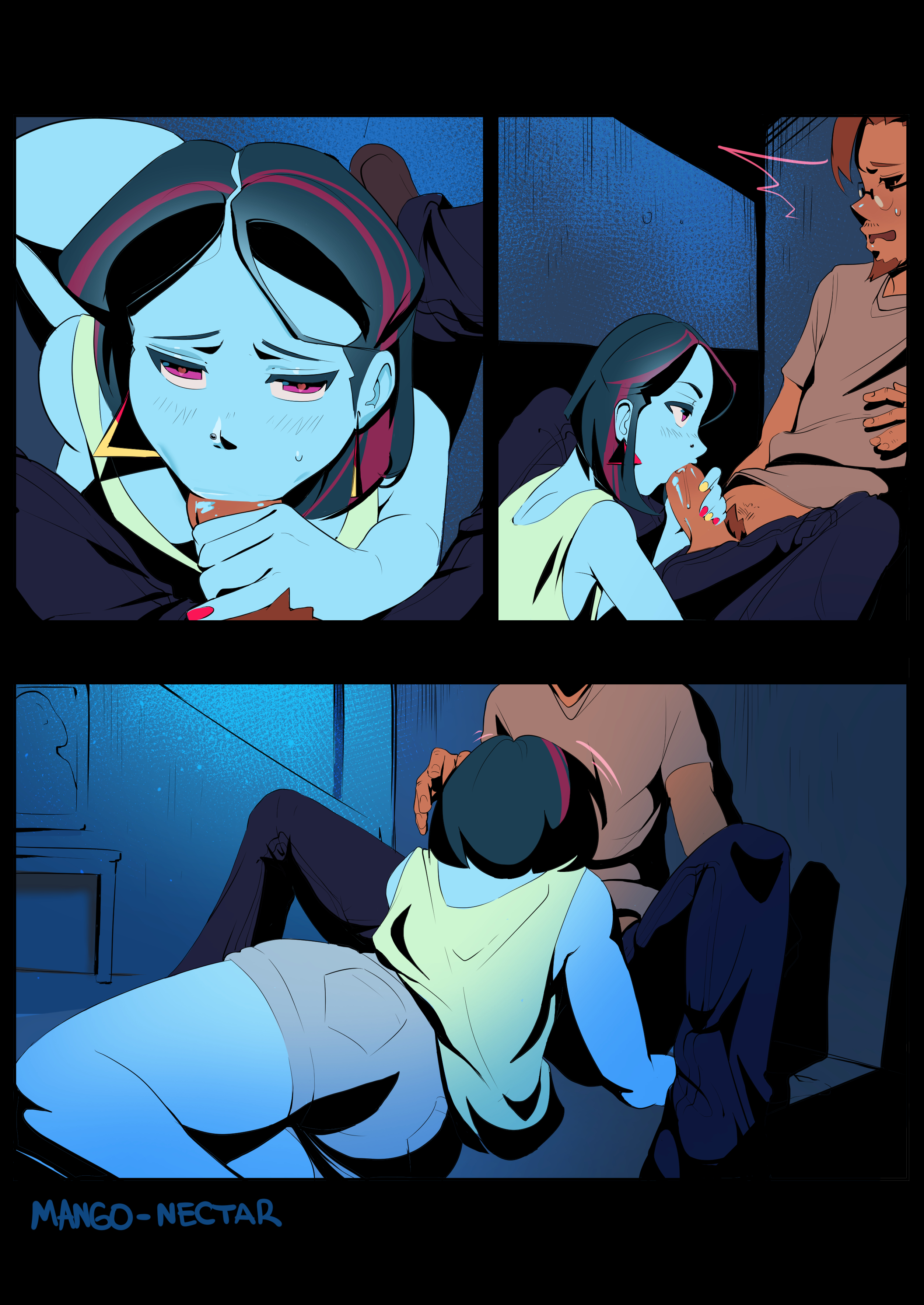 ass, ass focus, black hair, blowjob, blue hair, blue skin, blushing, comic, comic page, earrings, emily (mangonectar), emo, fellatio, female, ghost, ghost girl, glasses, goatee, heart eyes, heart-shaped pupils, highlights, mangonectar, medium hair, nose piercing, oral, original, painted nails, purple eyes, purple hair, red hair, shorts, skinny, sweatdrop, teenager, uncensored