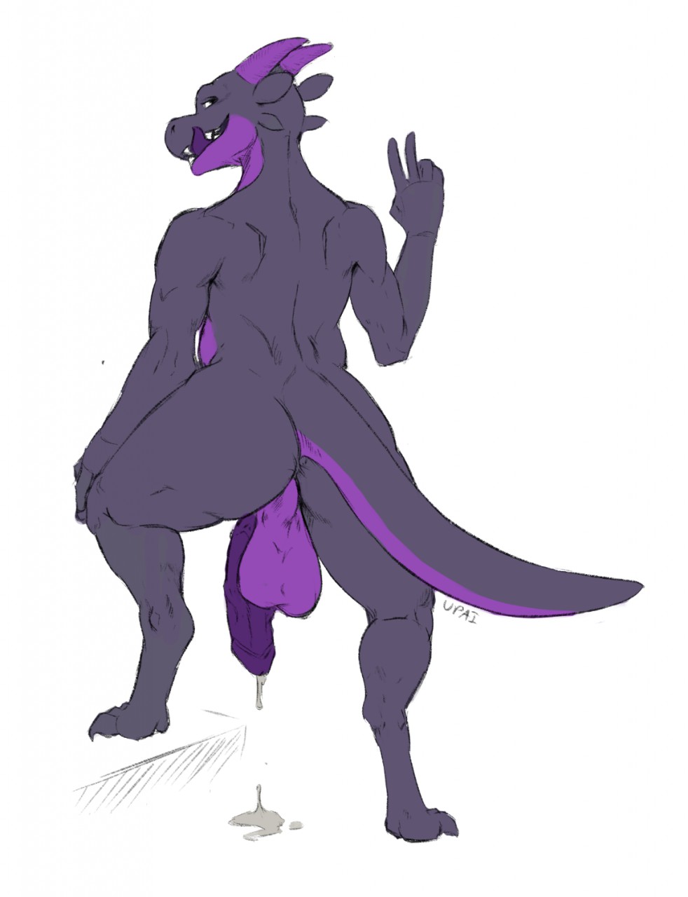 1boy 5_fingers anthro anus ass backsack balls bedroom_eyes big_balls big_butt big_penis black_body black_scales bodily_fluids claws digitigrade fingers genital_fluids genitals gideon_(gylph) hi_res horn humanoid_genitalia humanoid_penis kobold looking_at_viewer looking_back male male_only narrowed_eyes nude open_mouth penis precum precum_drip precum_on_ground precum_on_penis precum_pool purple_body purple_scales scales scalie seductive simple_background smile solo standing tagme teeth thick_thighs toes tongue tongue_out upai