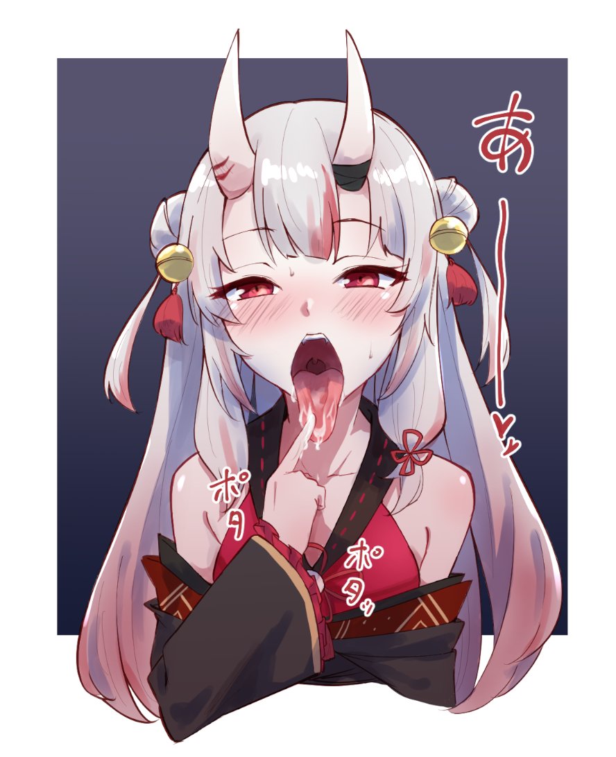 blush female hololive hololive_gen_2 hololive_japan horns japanese_clothes long_tongue mm_(mm_chair) multicolored_hair nakiri_ayame oni oni_horns open_mouth oral_invitation pale_skin pointing_at_mouth red_eyes saliva solo throat tongue tongue_out virtual_youtuber white_hair