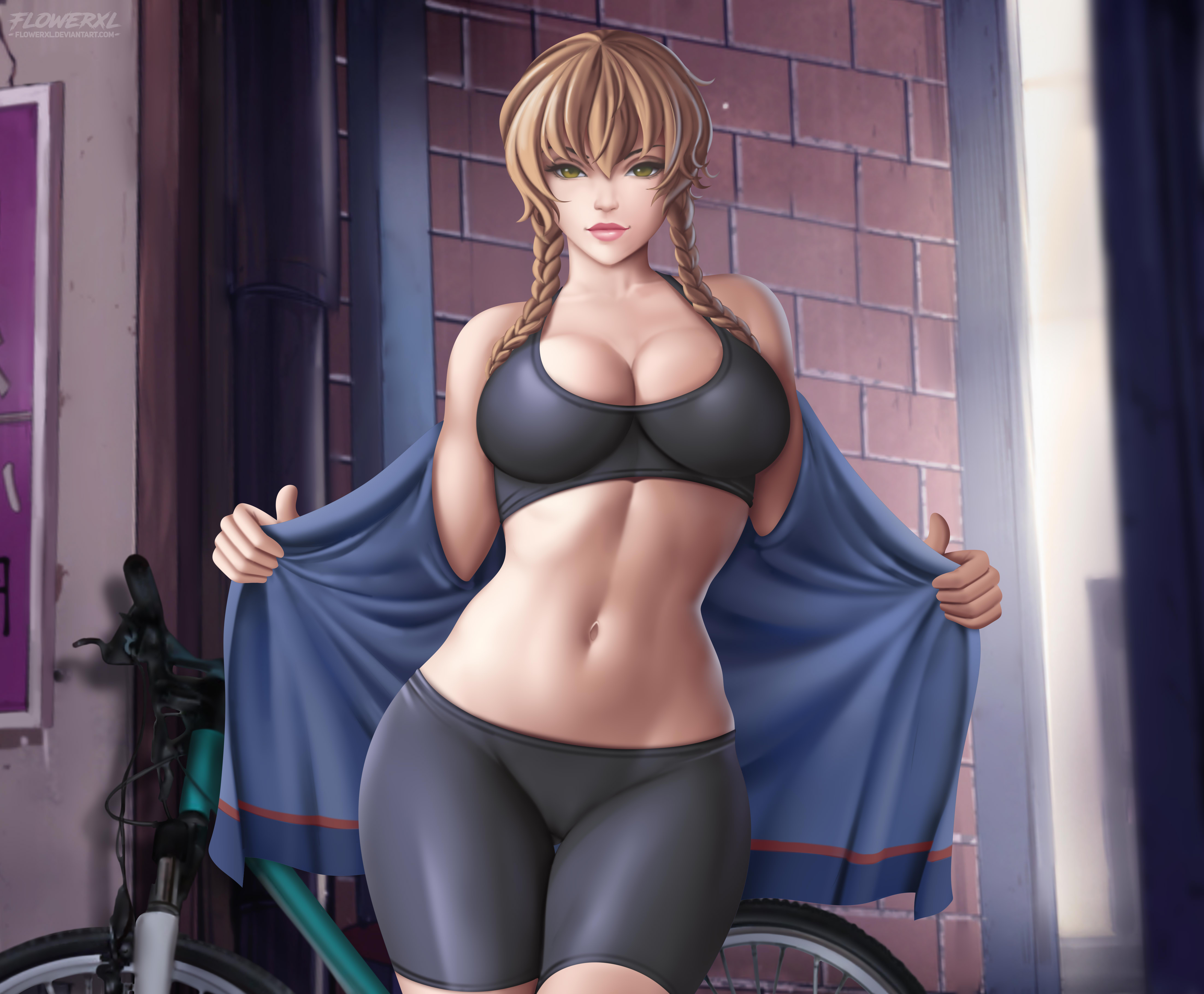 1girls, amane suzuha, athletic, bicycle, bike shorts, brown hair, female, flowerxl, midriff, open jacket, spats, sports bra, sportswear, steins;gate, taking clothes off, twin braids, workout clothes