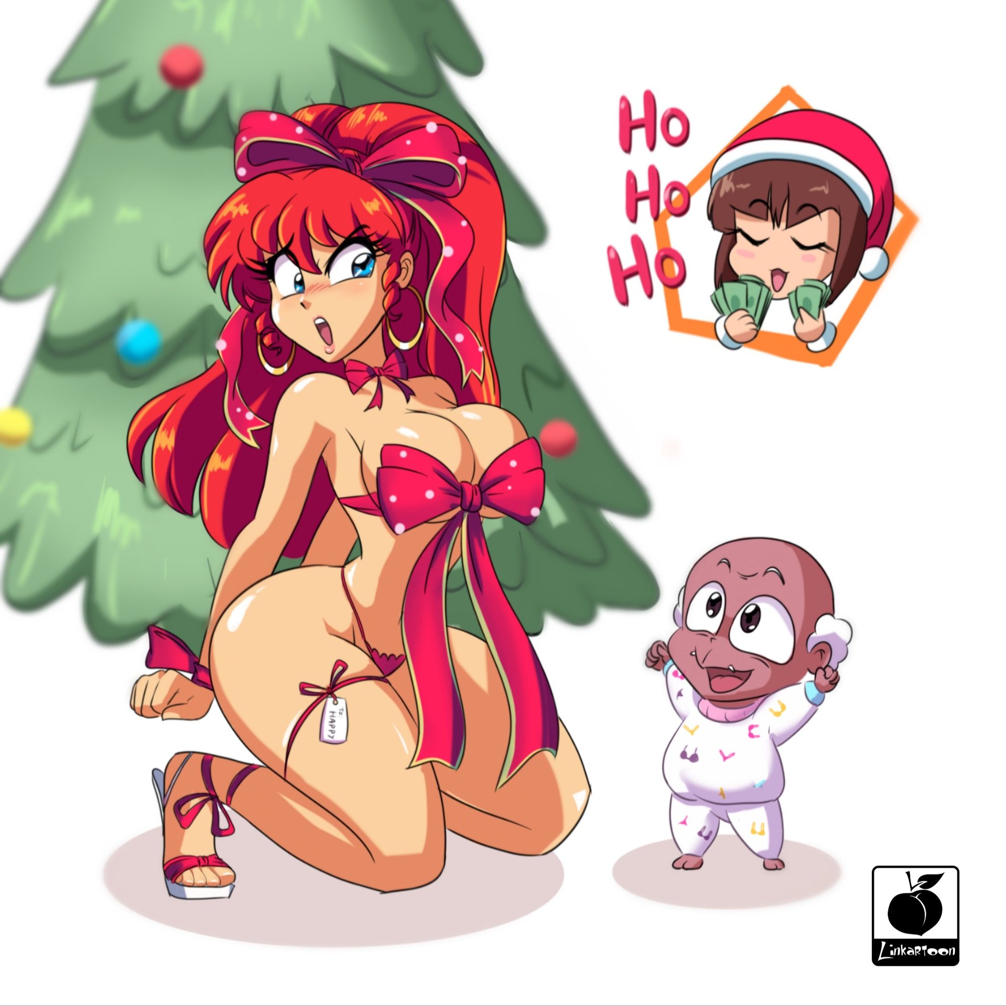 1girls, big breasts, bikini, bikini bottom, bimbo, blue eyes, bob cut, bound, bow, breasts, busty, christmas, christmas present, christmas tree, clothing, female, female only, genderswap, genderswap (mtf), happosai, hoop earrings, large breasts, linkartoon, nabiki tendo, pervert, ponytail, ranma 1/2, ranma saotome, ranma-chan, red hair, rule 63, skimpy, solo, solo focus, swimsuit, top heavy, upper body, voluptuous, watermark