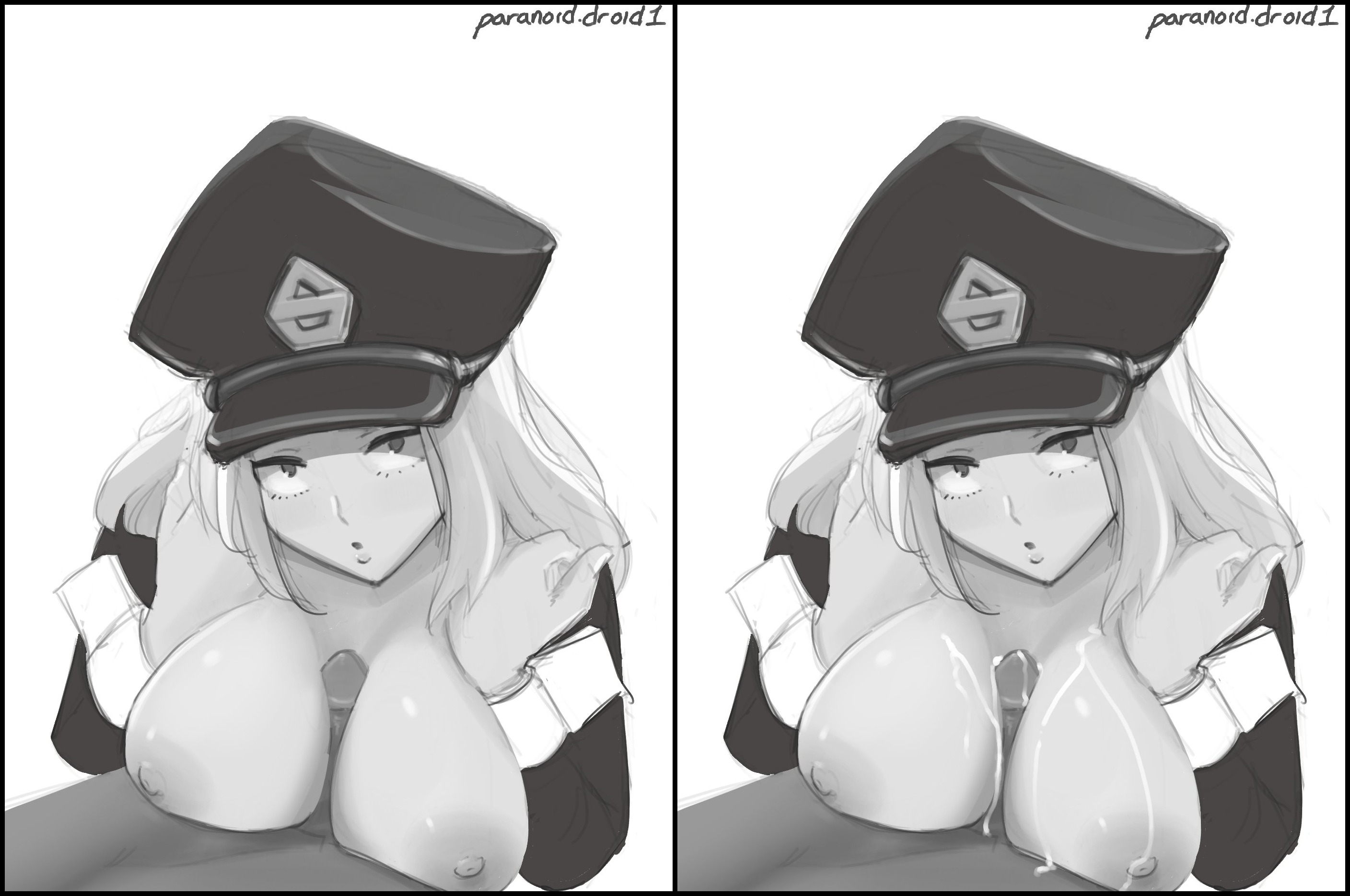1boy, 1girls, breasts, breasts out, camie utsushimi, clothed female nude male, clothing, cum, cum on body, cum on breasts, ejaculation, erection, female, hat, hero outfit (mha), long hair, looking at viewer, male, male pov, monochrome, my hero academia, naked, nude, open clothes, paizuri, paranoiddroid, penis, pov, pov eye contact, shiketsu high school cap, split screen, tagme, wrist cuffs