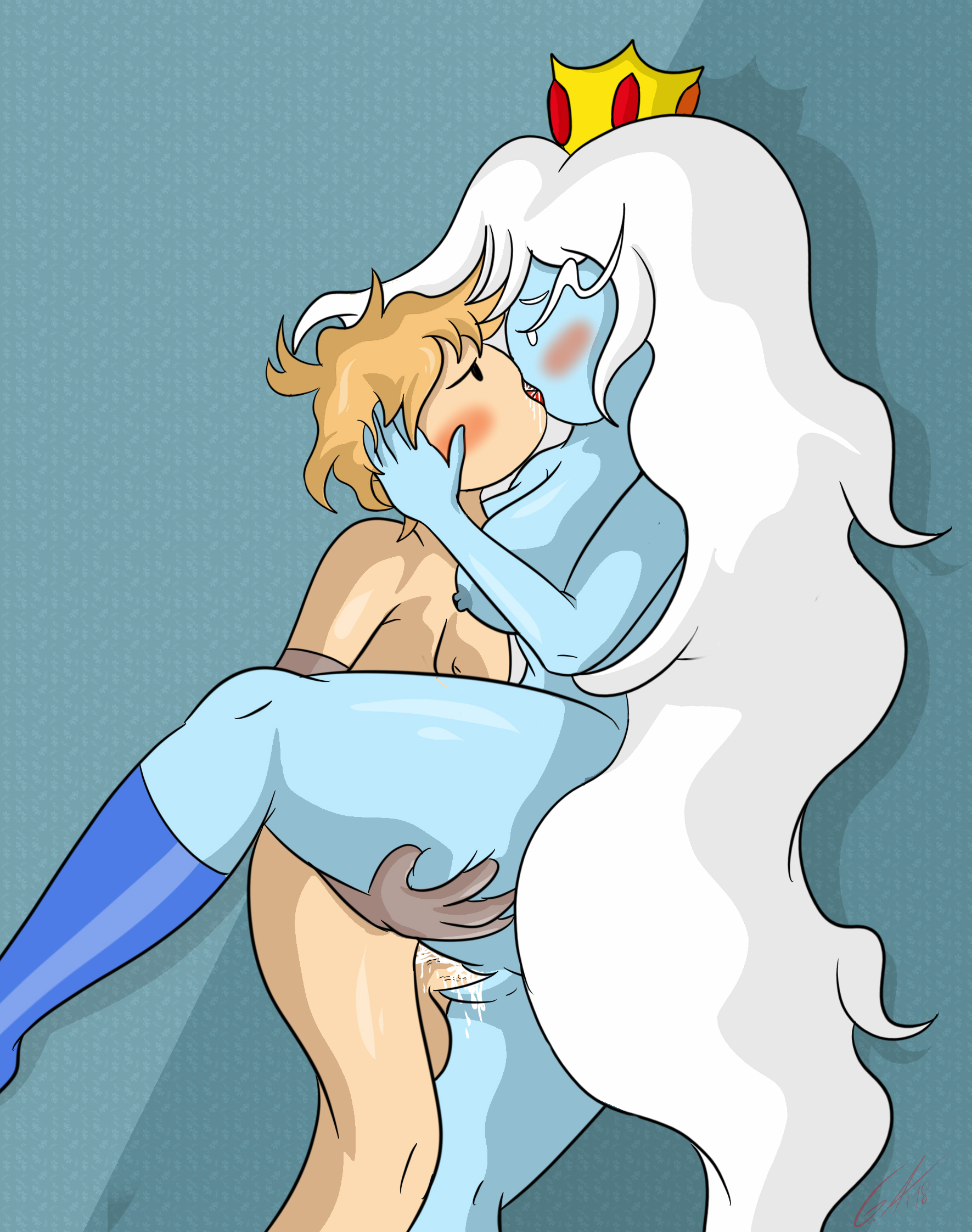 1boy, 1girls, adventure time, age difference, balls, blonde hair, blue skin, blush, cartoon network, crown, cum, cum in pussy, female, finn the human, ice queen (adventure time), leg lift, long hair, male, mrgametv, passionate, penetration, prosthetic arm, pussy, sex, size difference, straight, testicles, tongue kiss, vaginal penetration, white hair