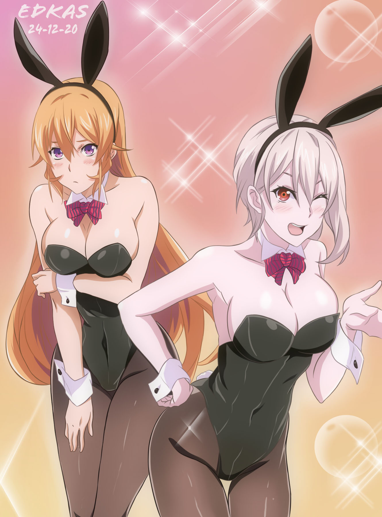 2girls, animal ears, blonde hair, blonde-haired female, bunny ears, bunny girl, female, multiple females, multiple girls, nakiri alice, nakiri erina, purple eyes, red eyes, shokugeki no souma, white hair, white-haired female