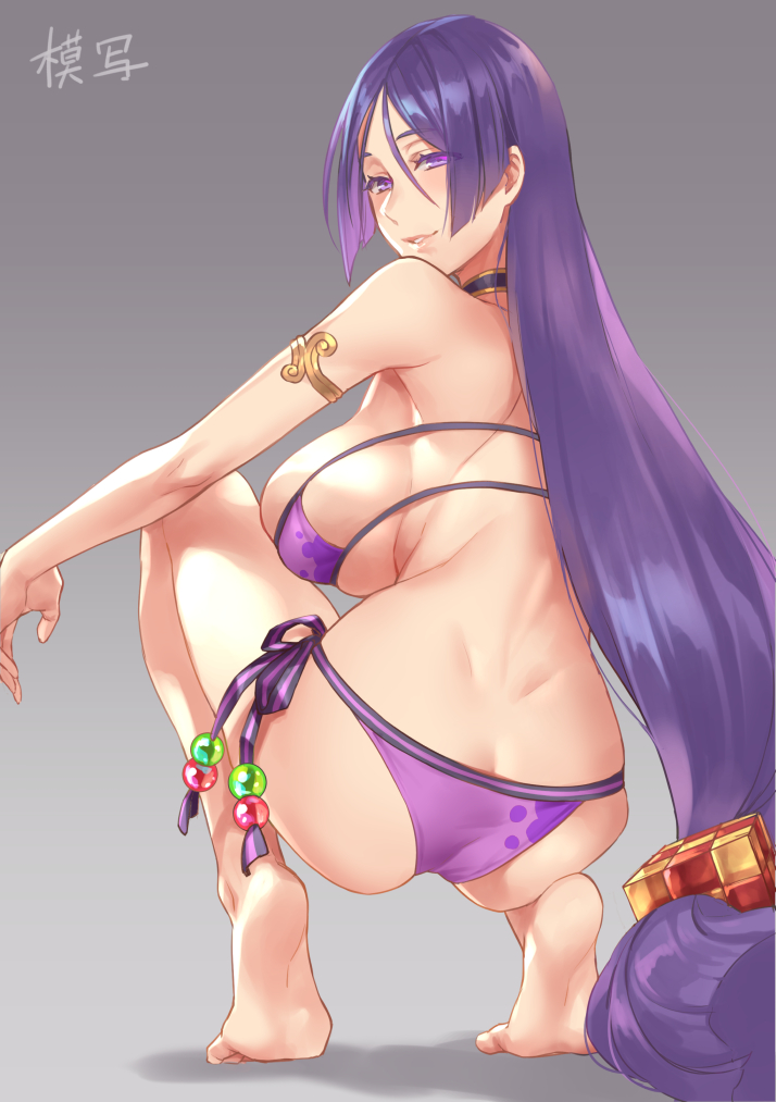 ass, barefoot, big ass, big breasts, bikini, breasts, eyepatch bikini, fate (series), fate/grand order, feet, female, female only, minamoto no raikou (fate/grand order), minamoto no raikou (swimsuit lancer), purple eyes, purple hair, solo