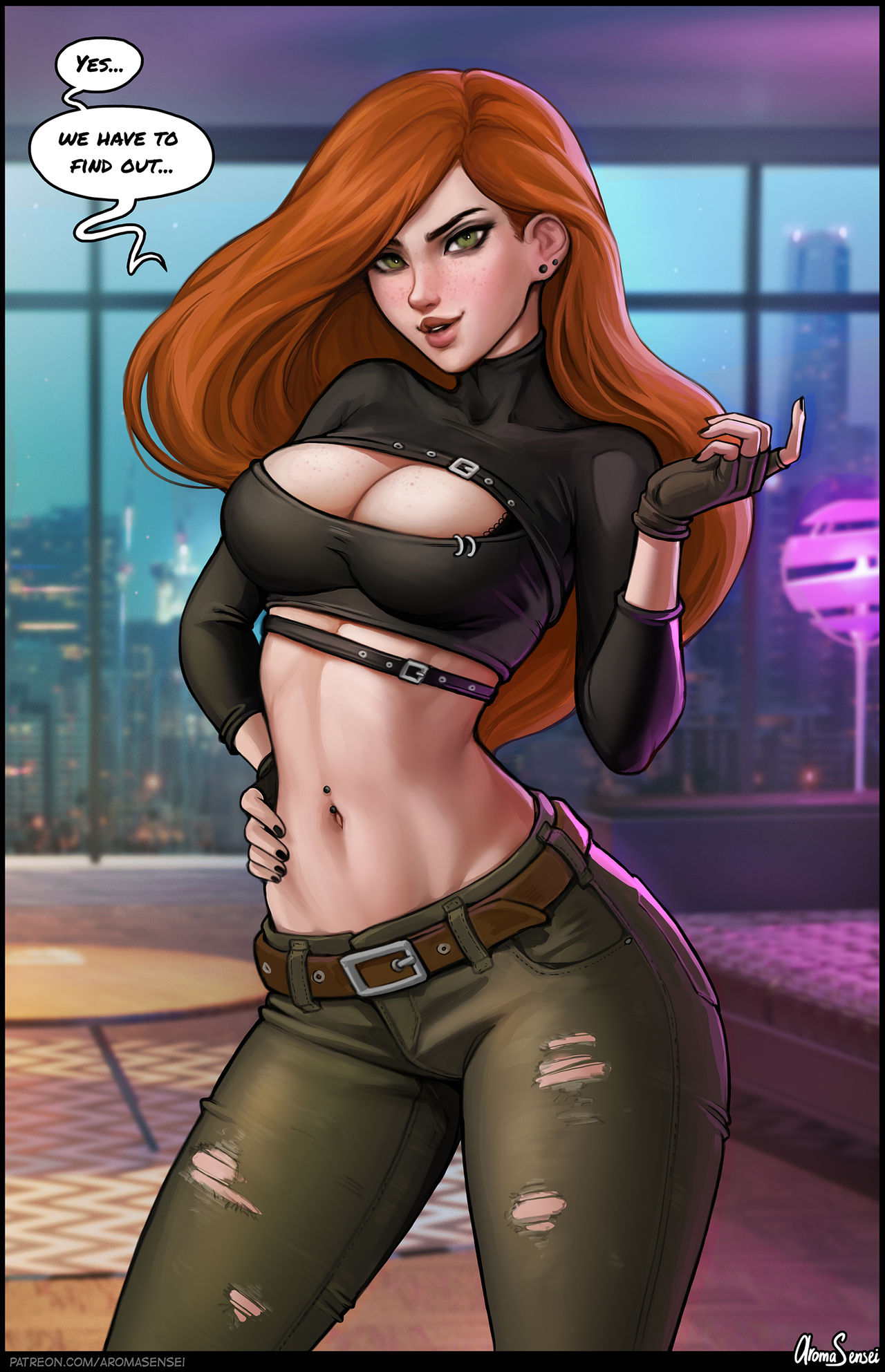 1girls, alternate breast size, aroma sensei, belly, belly button, belt, big breasts, black nail polish, blush, bra peek, breasts, cleavage, cleavage cutout, curvy, dialogue, disney, disney channel, ear piercing, english, english text, female, female only, fingerless gloves, gloves, green eyes, hand on hip, hourglass figure, kim possible, kimberly ann possible, large breasts, long hair, midriff, nail polish, navel, navel piercing, pants, posing, red hair, redhead, ripped pants, stomach, text, voluptuous, wide hips