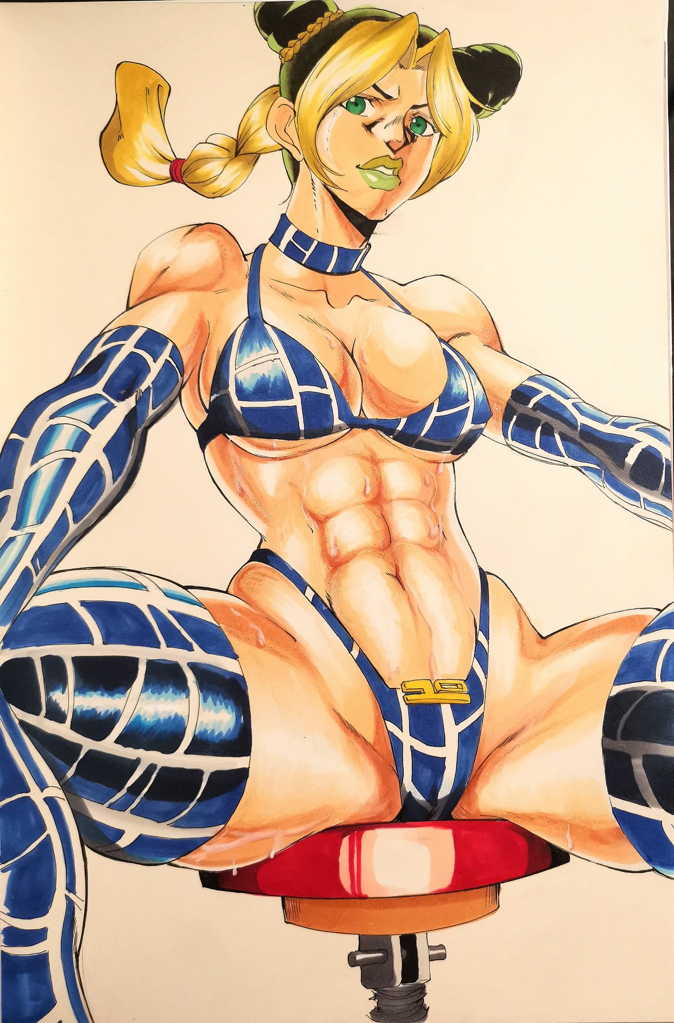 1girls, abs, big breasts, blue bikini, boobs, breasts, choker, female, female focus, female only, g-string, green eyes, green hair, green lipstick, human, jojo's bizarre adventure, jolyne kujo, large breasts, legs apart, legs spread, light skin, light-skinned female, long hair, muscular, muscular female, muscular thighs, octavius dp, partially clothed, practically nude, shiny skin, shounen jump, sitting, sitting on chair, slim waist, solo, solo female, solo focus, stone ocean, sweat, sweaty, thick, thick thighs, thighhighs, toned, toned female, white background, wide hips